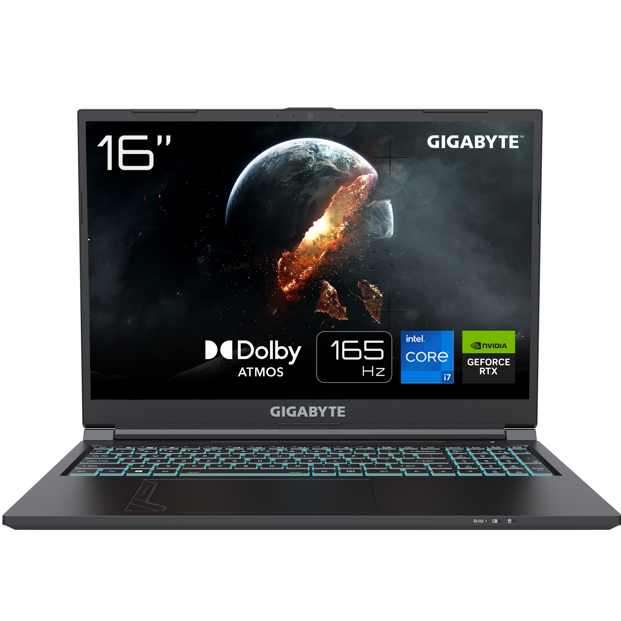 Portátil negro con pantalla de 16" mostrando escena espacial y detalles técnicos.
