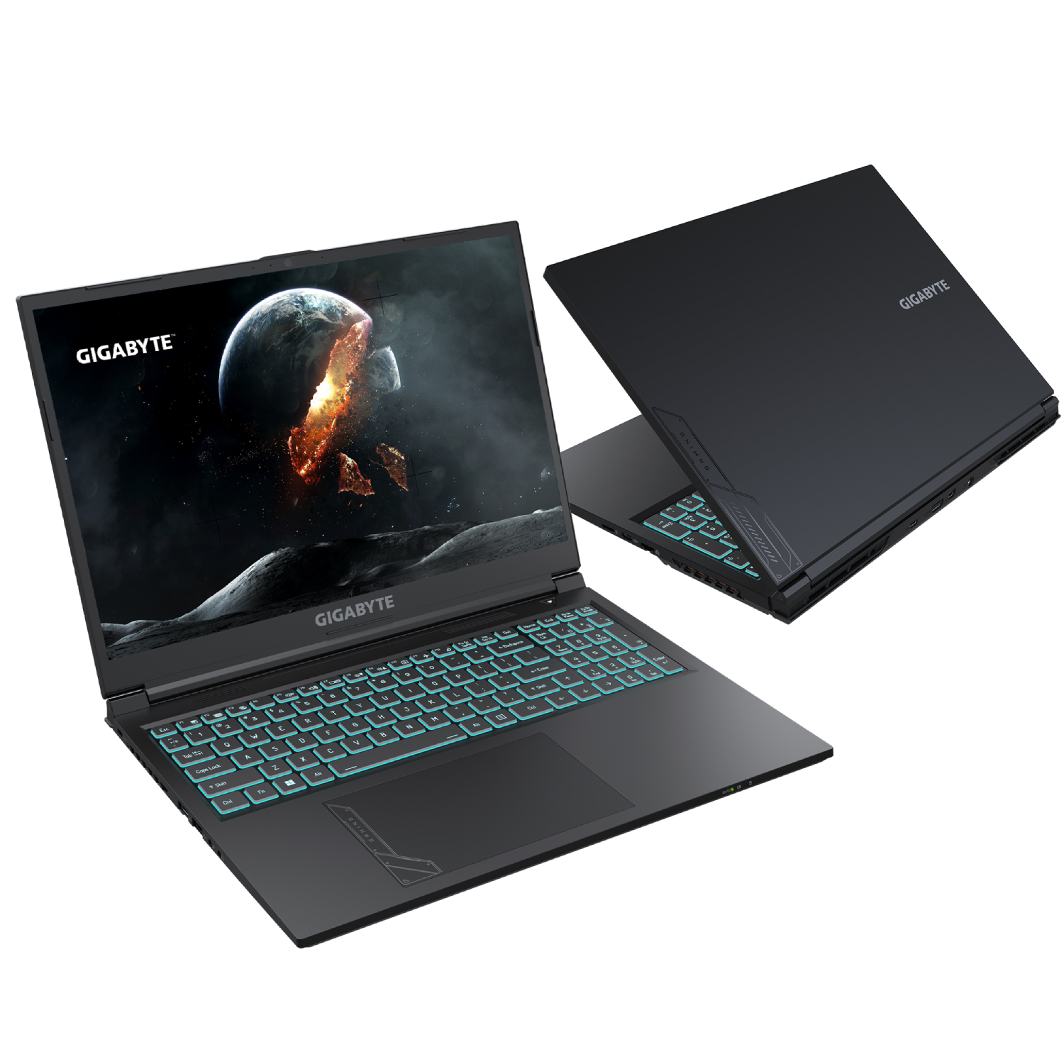 Portátil Gigabyte negro, abierto mostrando pantalla espacial y portátil cerrado.
