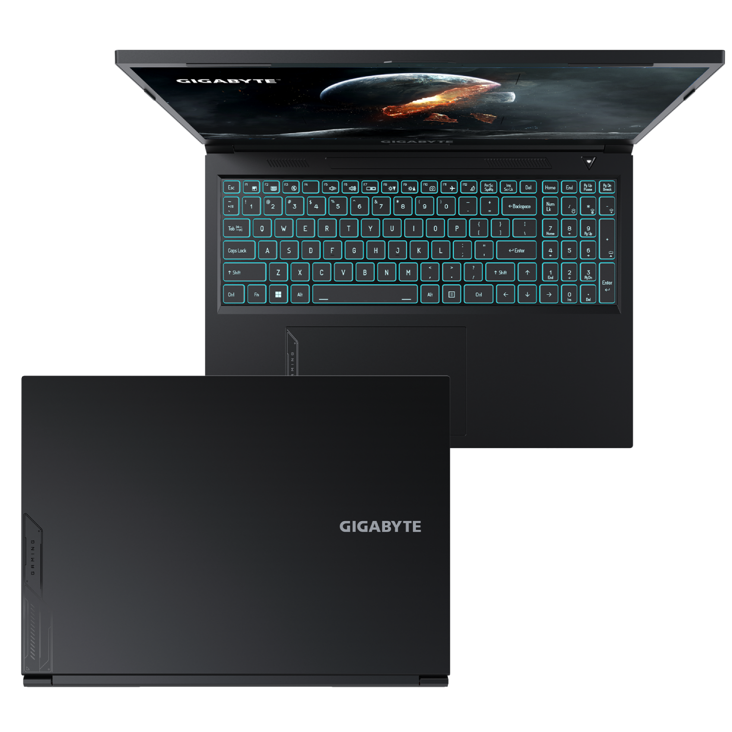 Un portátil negro con el teclado y la parte superior abiertos. La pantalla muestra un diseño. La tapa está abierta.
