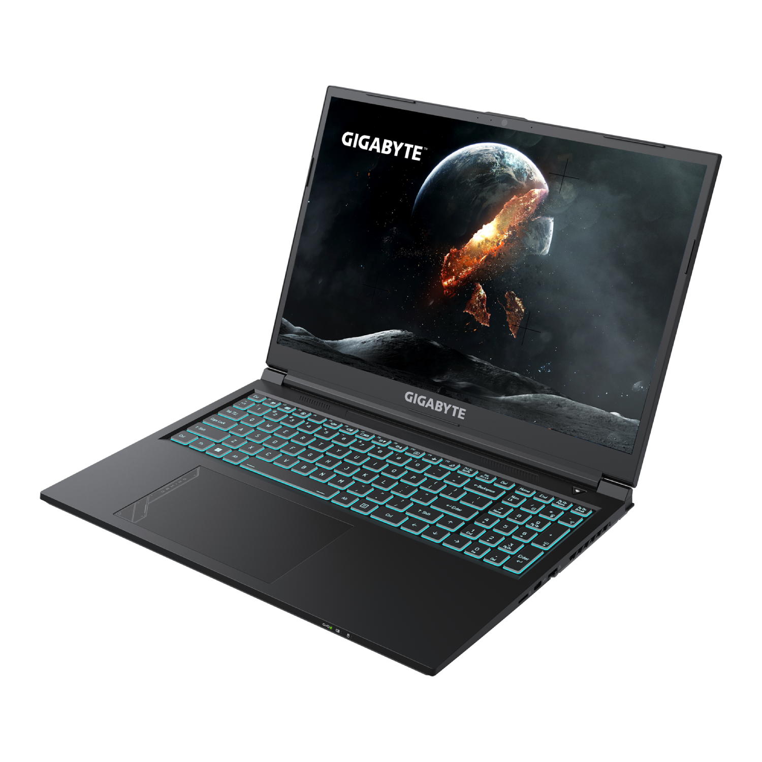 Portátil negro con iluminación azul del teclado. La pantalla muestra una escena espacial.
