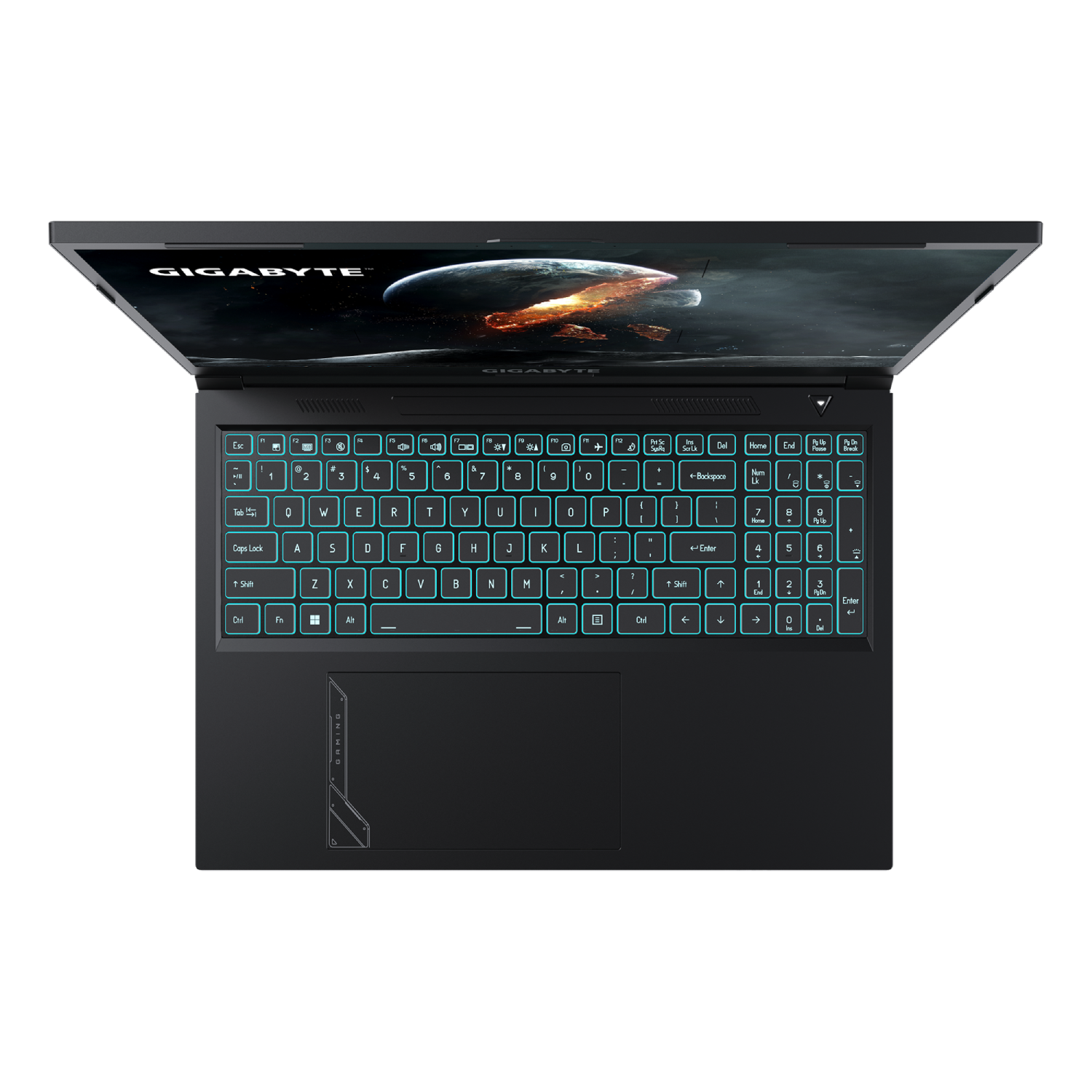 Laptop con teclado retroiluminado. Pantalla abierta, mostrando gráficos.