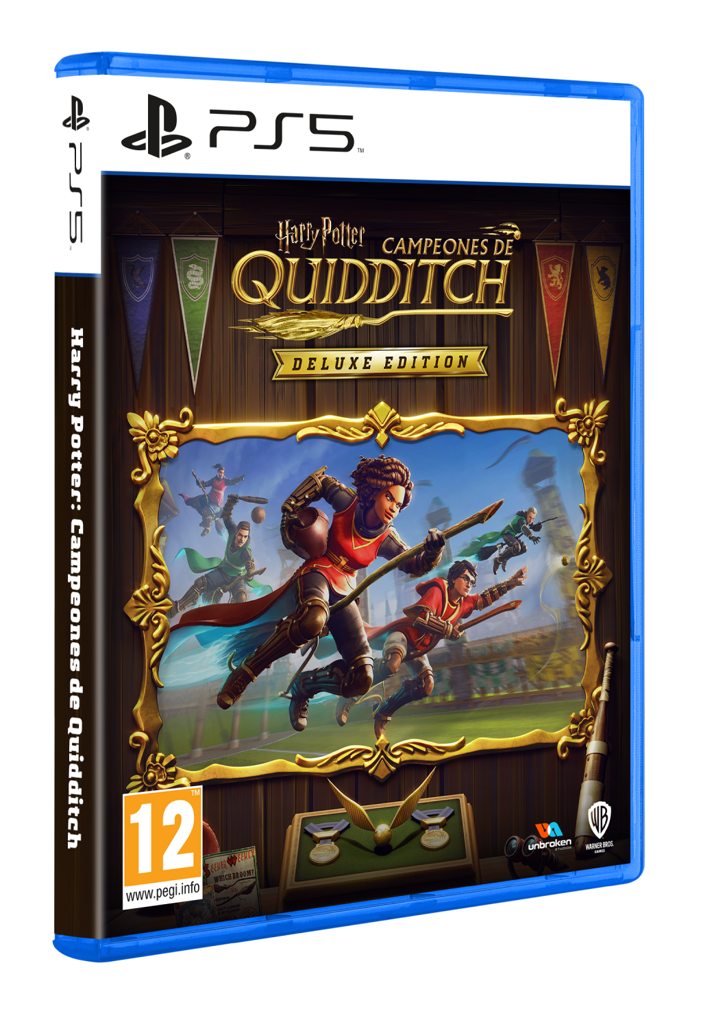 Funda del juego Harry Potter Quidditch. Jugadores en escobas vuelan en la portada, marco dorado, Edición Deluxe. Funda azul.