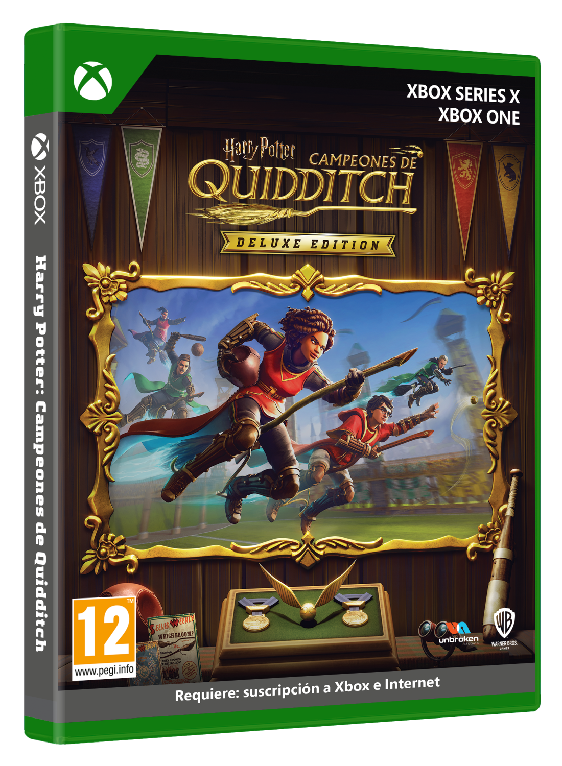 Arte de la caja del videojuego Harry Potter Quidditch. Jugadores en escobas volando. Predominan los colores verde y dorado.