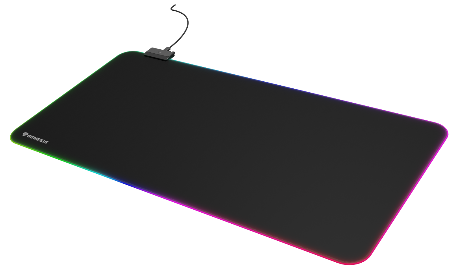 Fekete egérpad színes, világító szegéllyel és USB kábellel.