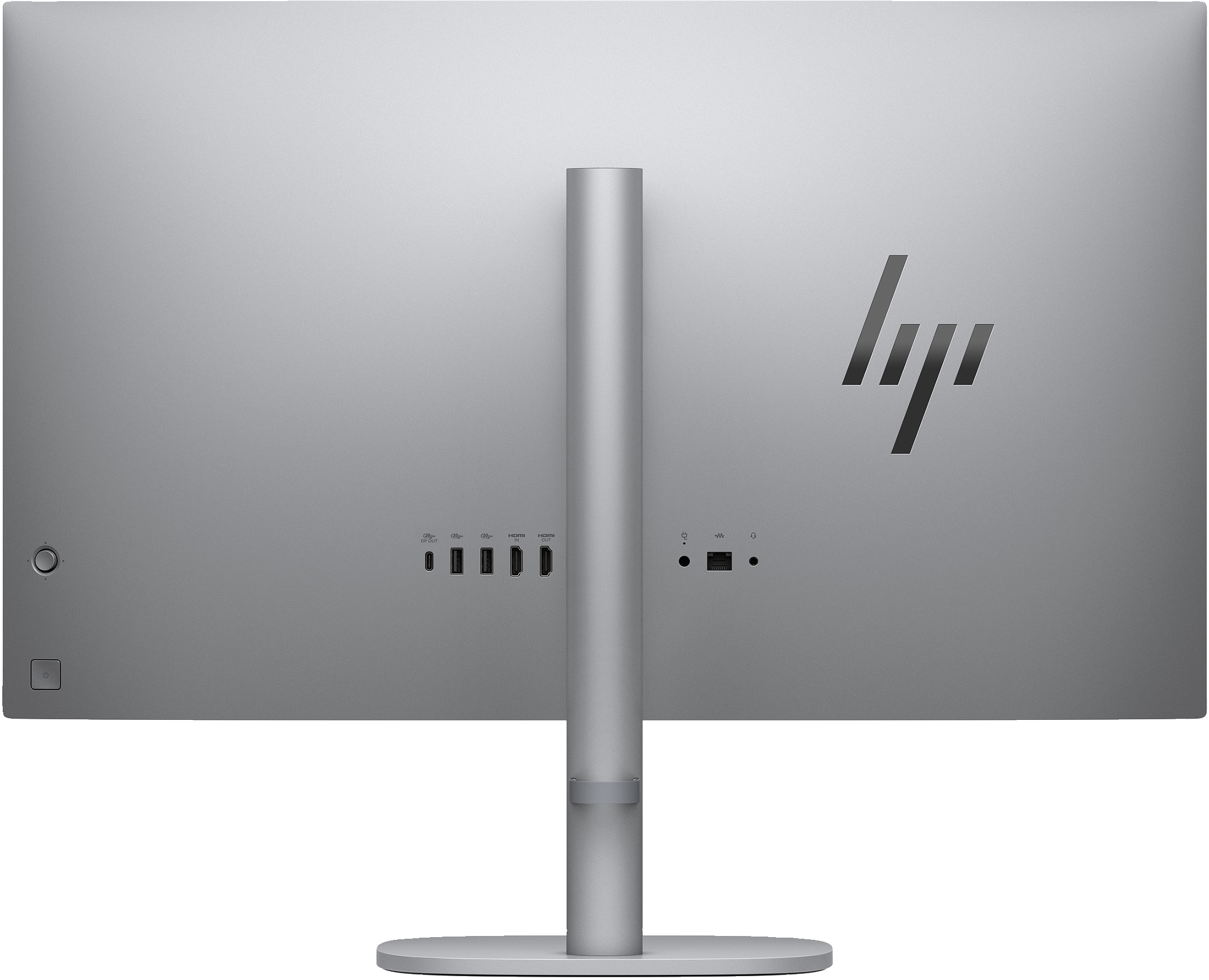 Arrière d'un moniteur d'ordinateur argenté avec des ports et le logo HP.
