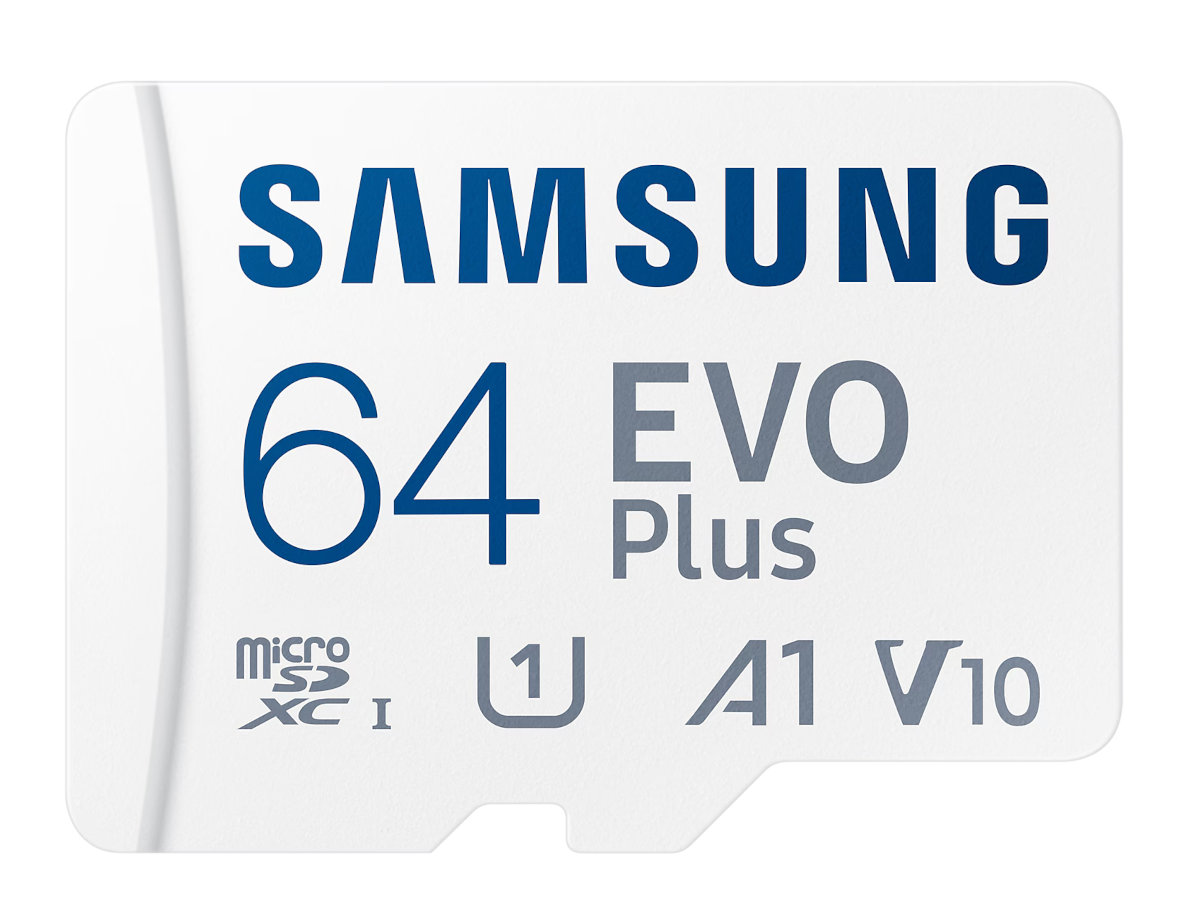 Biała karta microSD Samsung. Tekst: SAMSUNG, 64 EVO Plus i inne informacje.