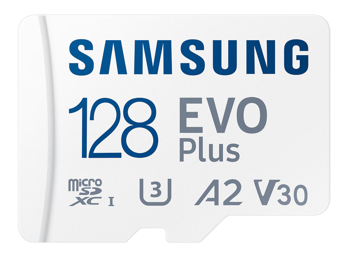 Biało-niebieska karta MicroSD Samsung 128 GB EVO Plus. Pokazuje nazwę i pojemność produktu.