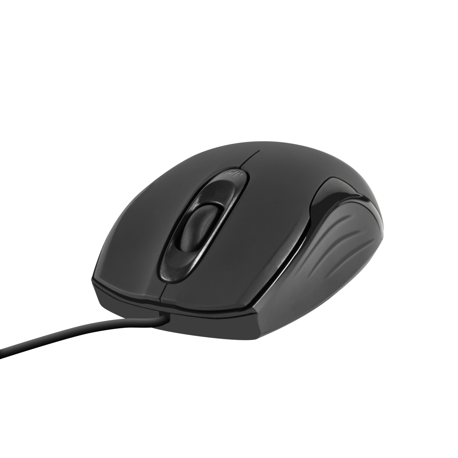 Black computer mouse on a black surface. It has a scroll wheel and two side buttons.