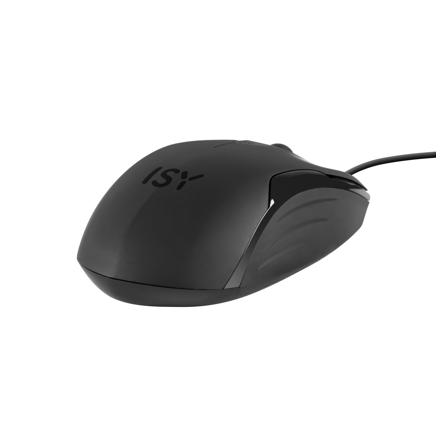 A black computer mouse with the ISY logo is isolated on a black background.
