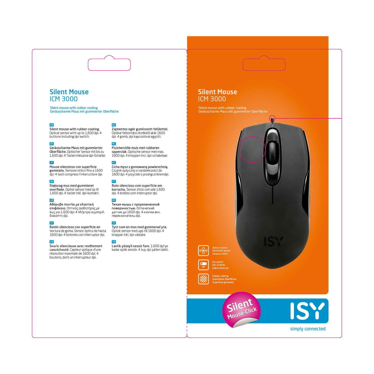 A computer mouse with a rubber coating and a logo, on a white background.