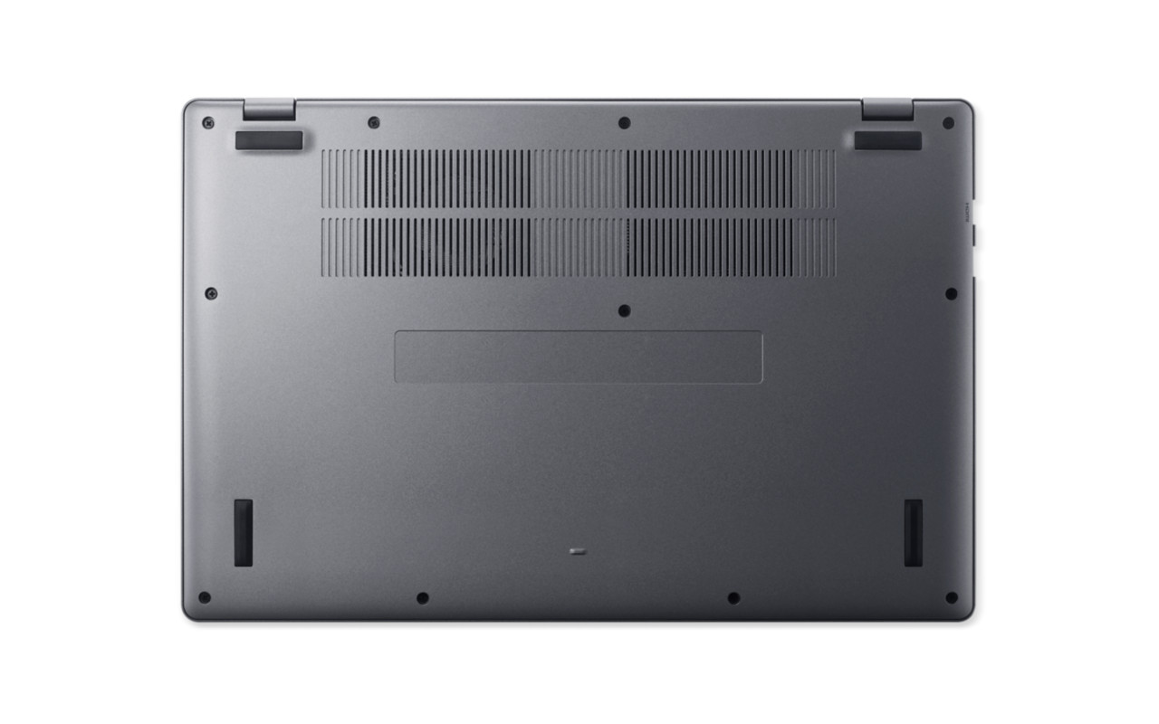 Bottom of a grey laptop with vents and rubber feet, on a white surface.