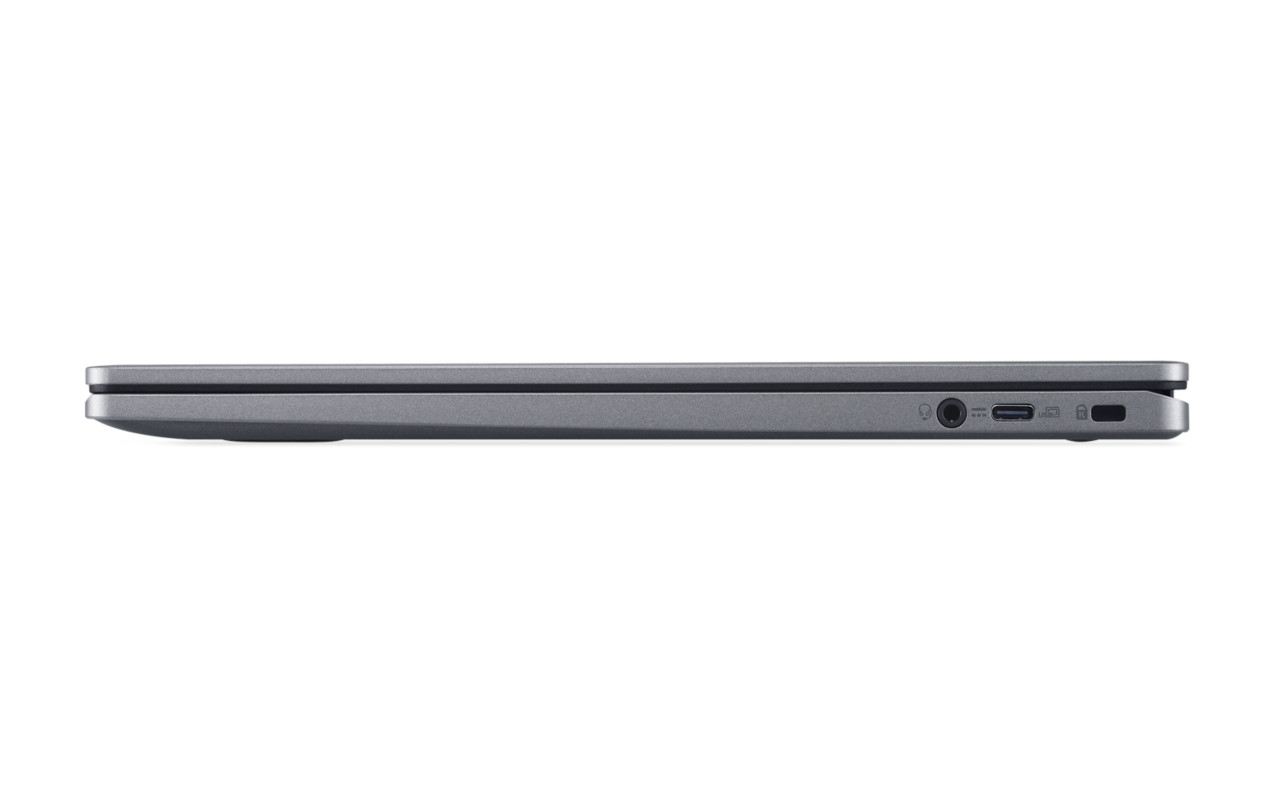 A side view of a gray laptop with ports visible, placed on a white background.