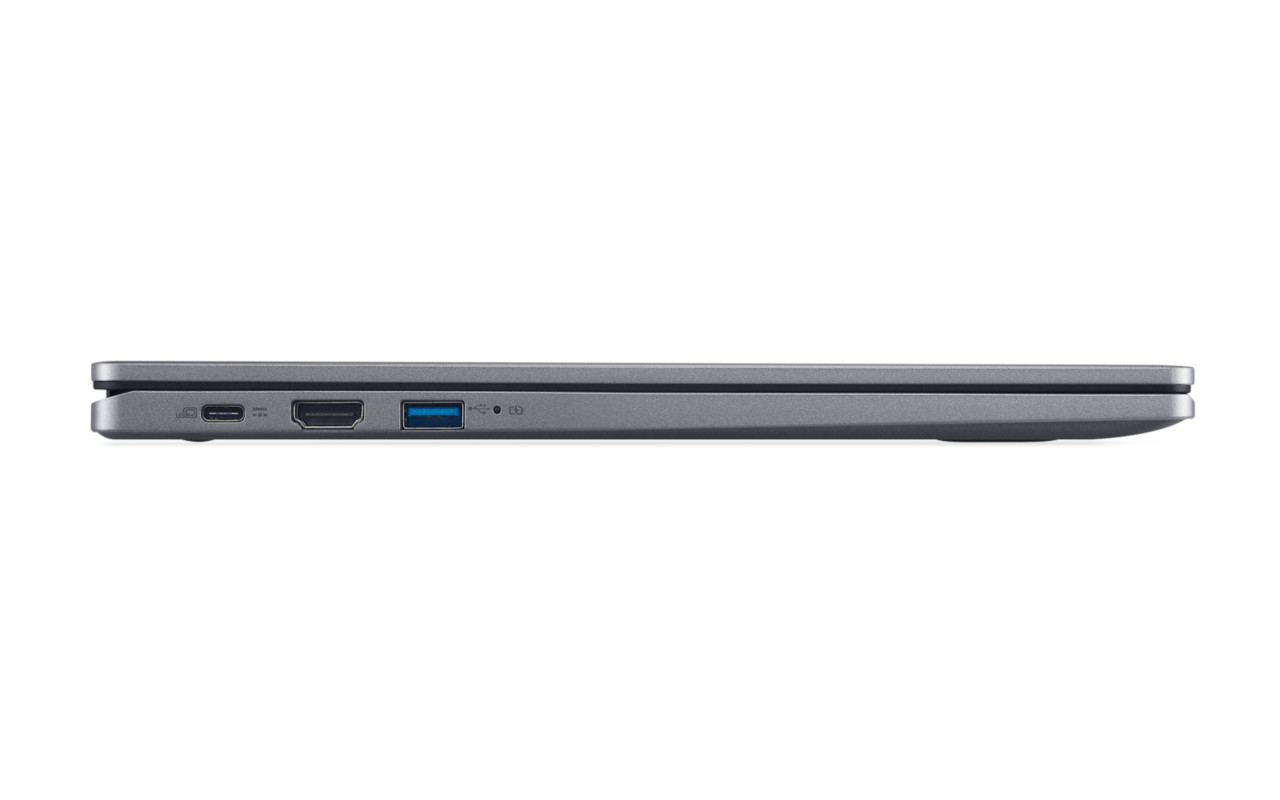 Side view of a gray laptop with ports, including USB, HDMI and a charging port.