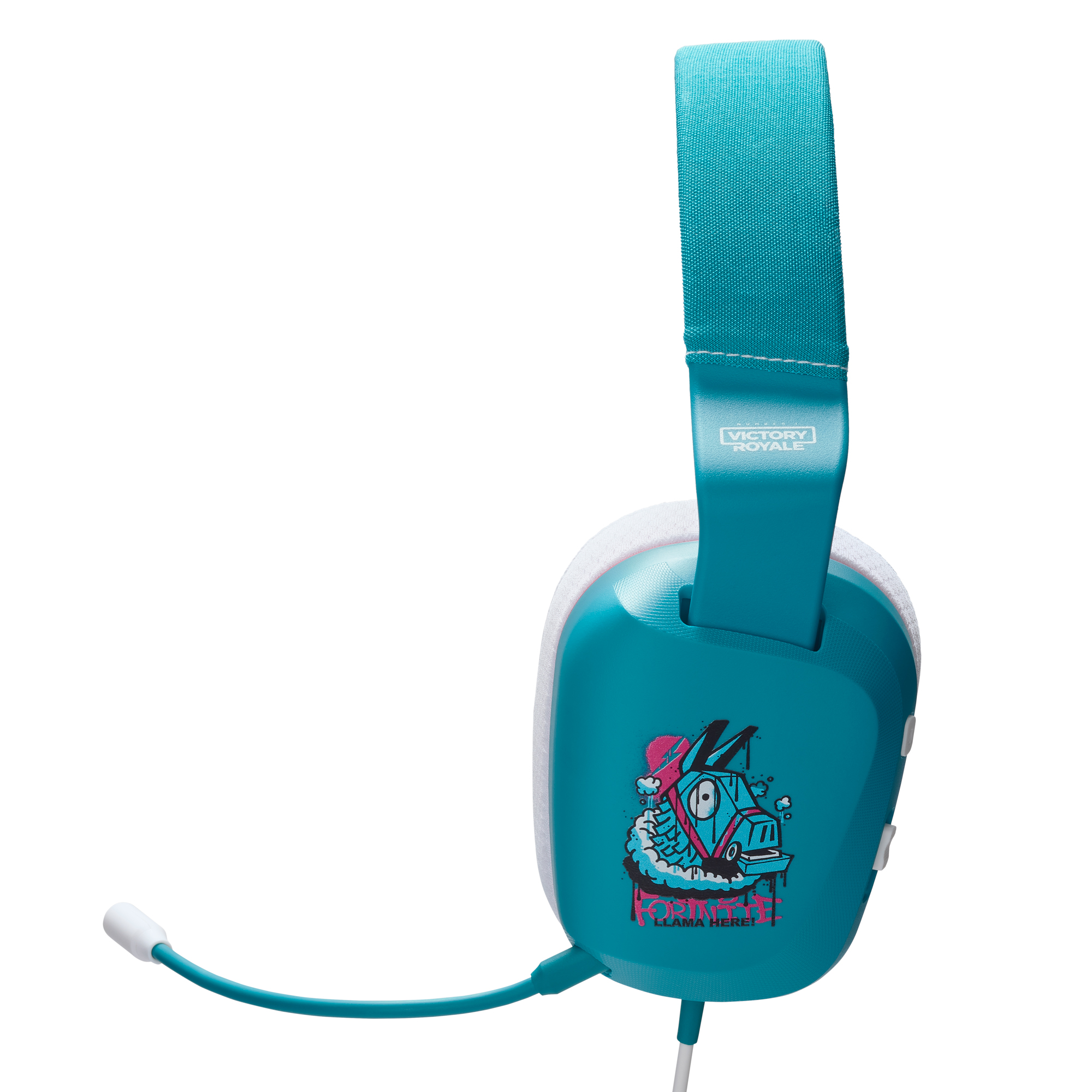 Ein blau-weißes Headset mit einem Cartoon-Lama-Design.