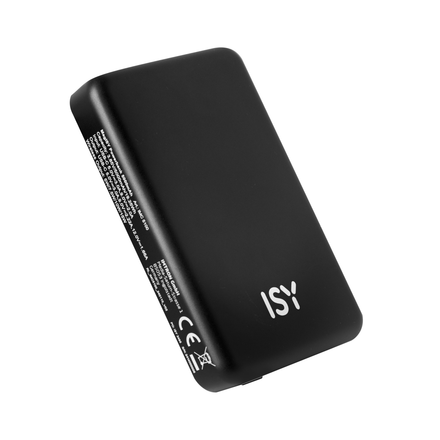 Black ISY power bank, with white logo and product details on a white background.