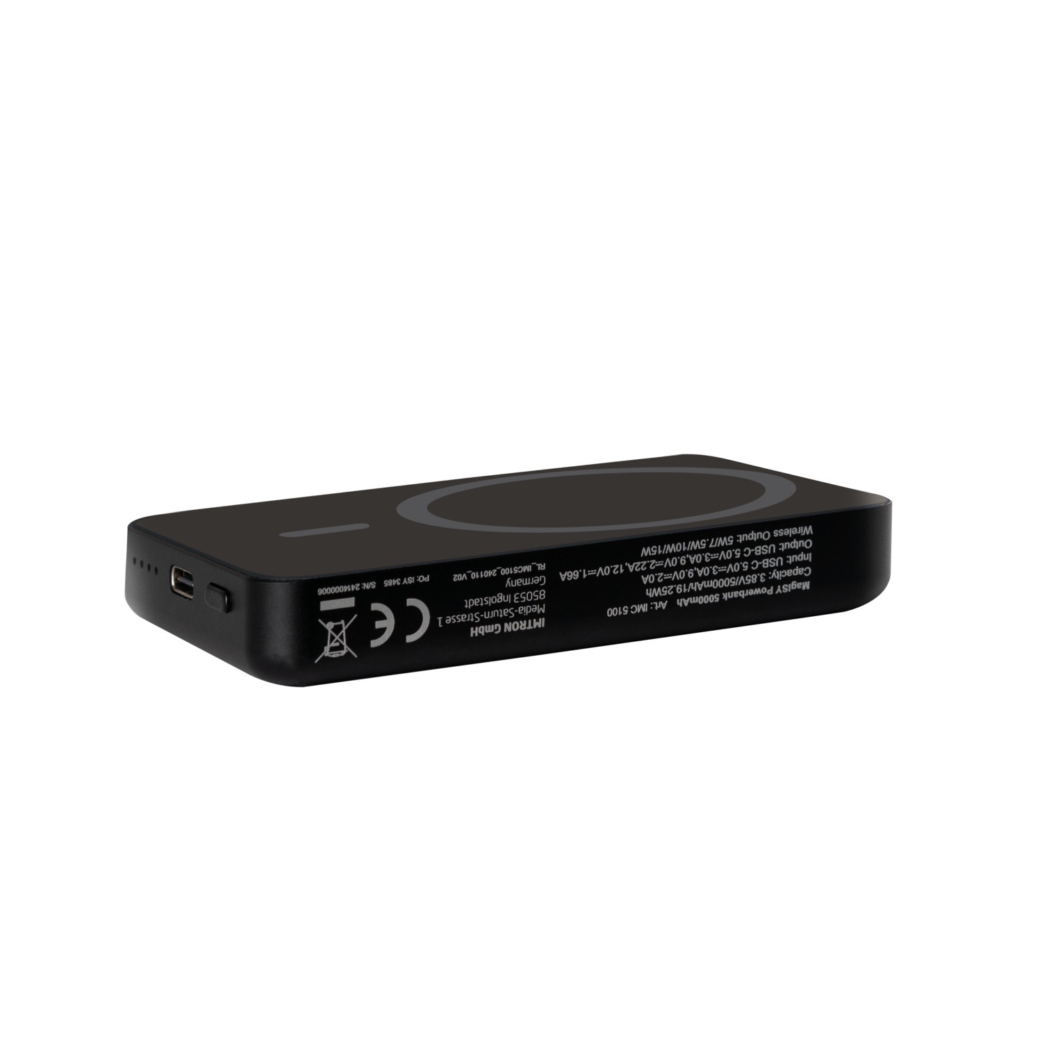 Black power bank with a wireless charging surface.