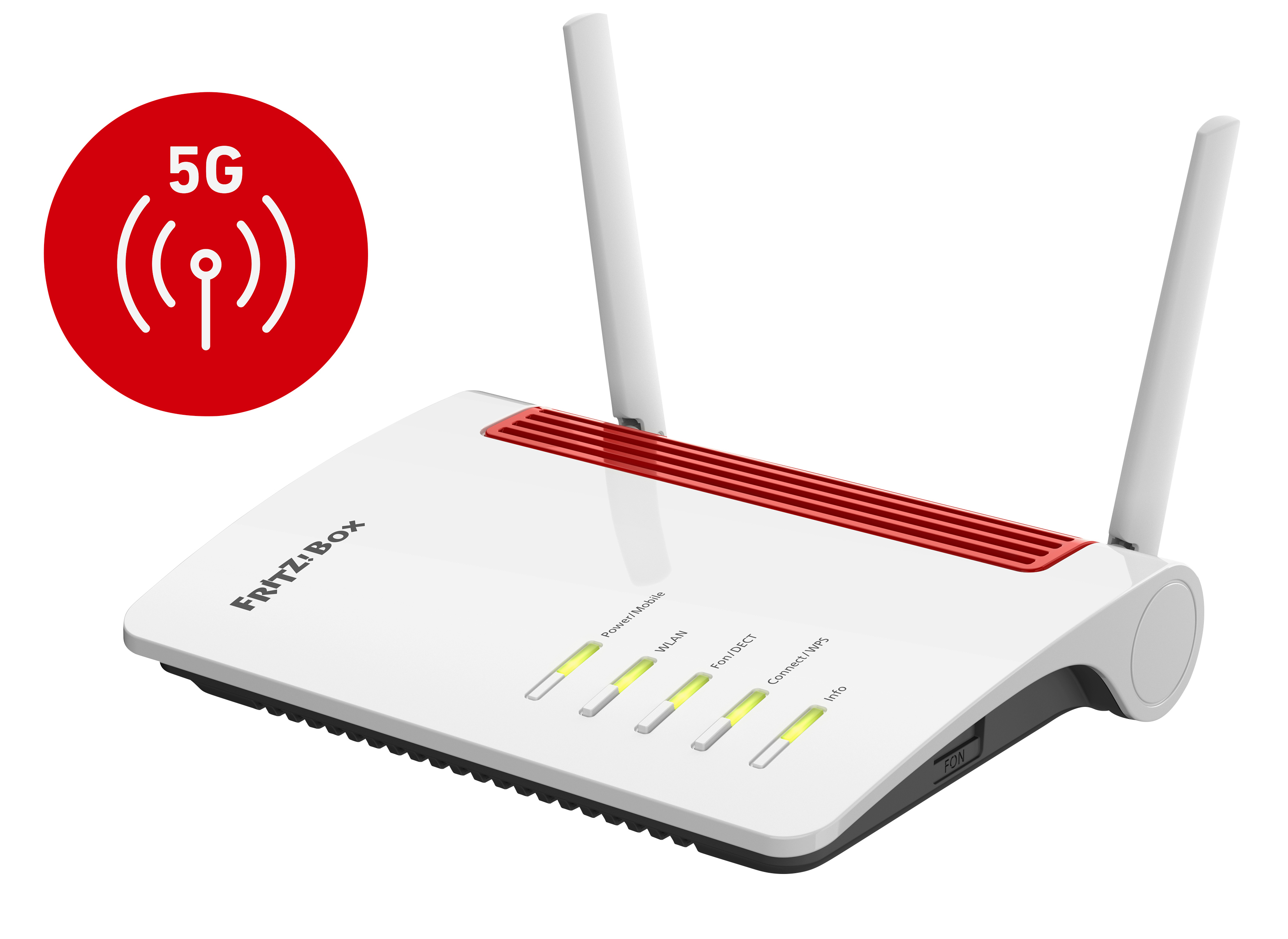 Weißer Router mit Antennen, roter Akzent und 5G-Symbol.
