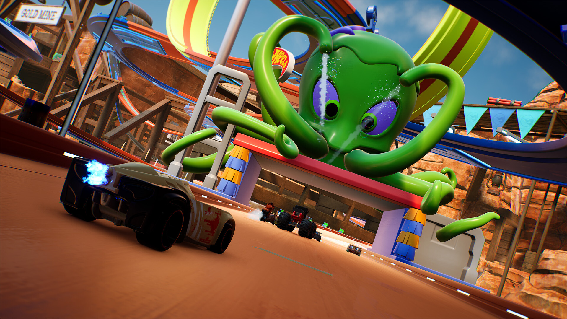 Une scène de jeu vidéo avec des voitures de course et un monstre vert géant.