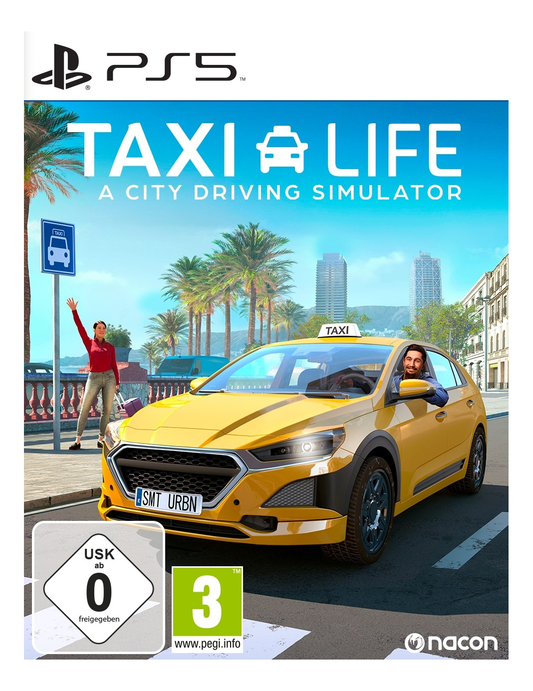 Spielcover. Gelbes Taxi, Fahrer, Frau mit Gepäck und Stadt im Hintergrund. Titel: Taxi Life. PS5-Logo.