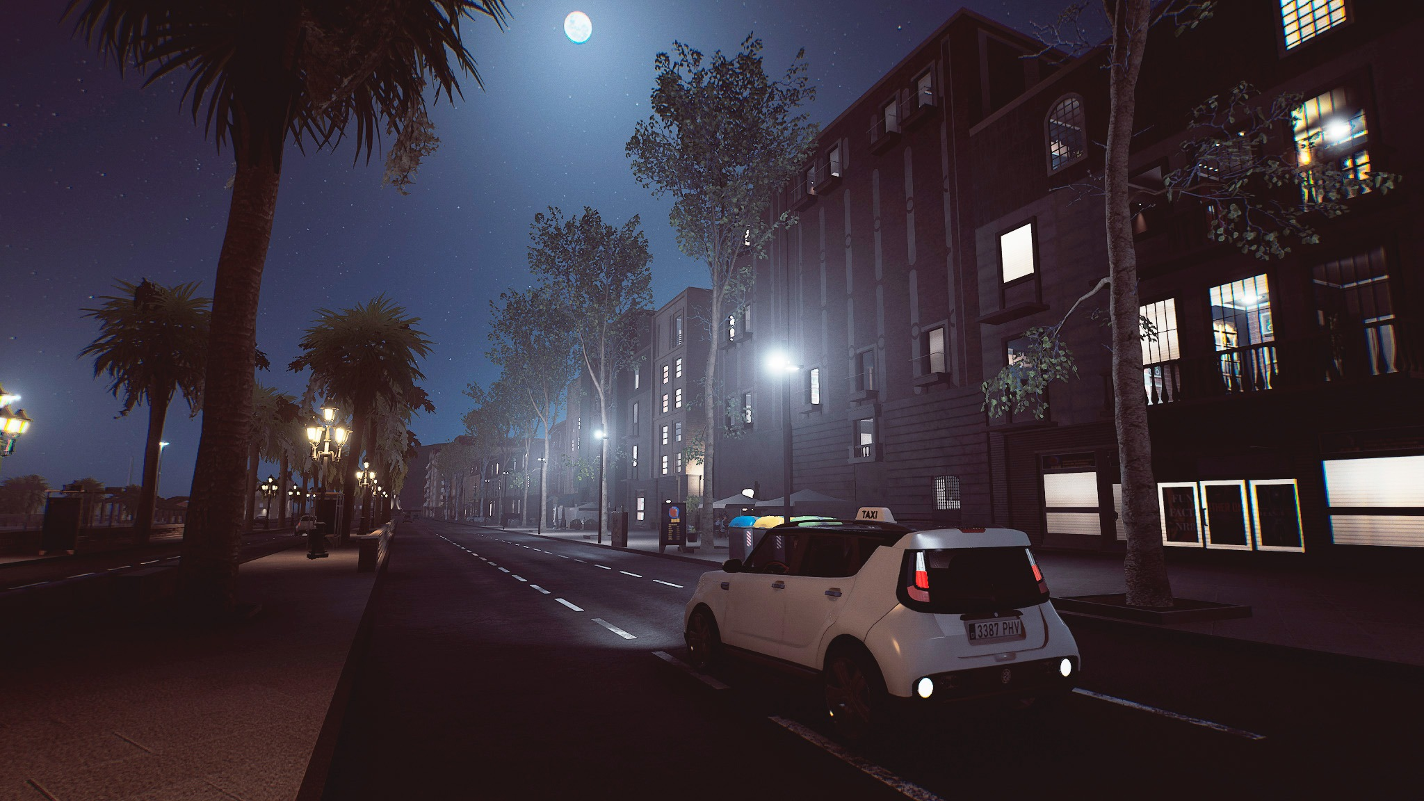 Nachtszenen: weißes Taxi auf einer Straße, Gebäude im Hintergrund, Vollmond.
