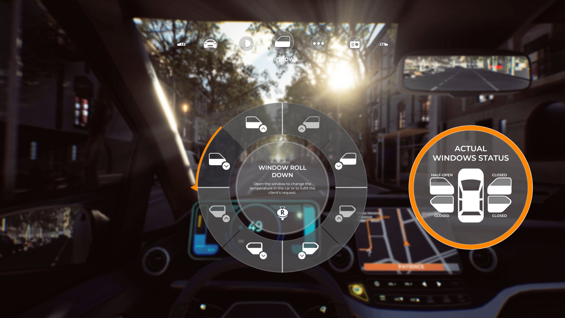 Autoinnenraum. Digitales Interface mit Fenstersteuerung und -status. Sonniger Straßenblick draußen.