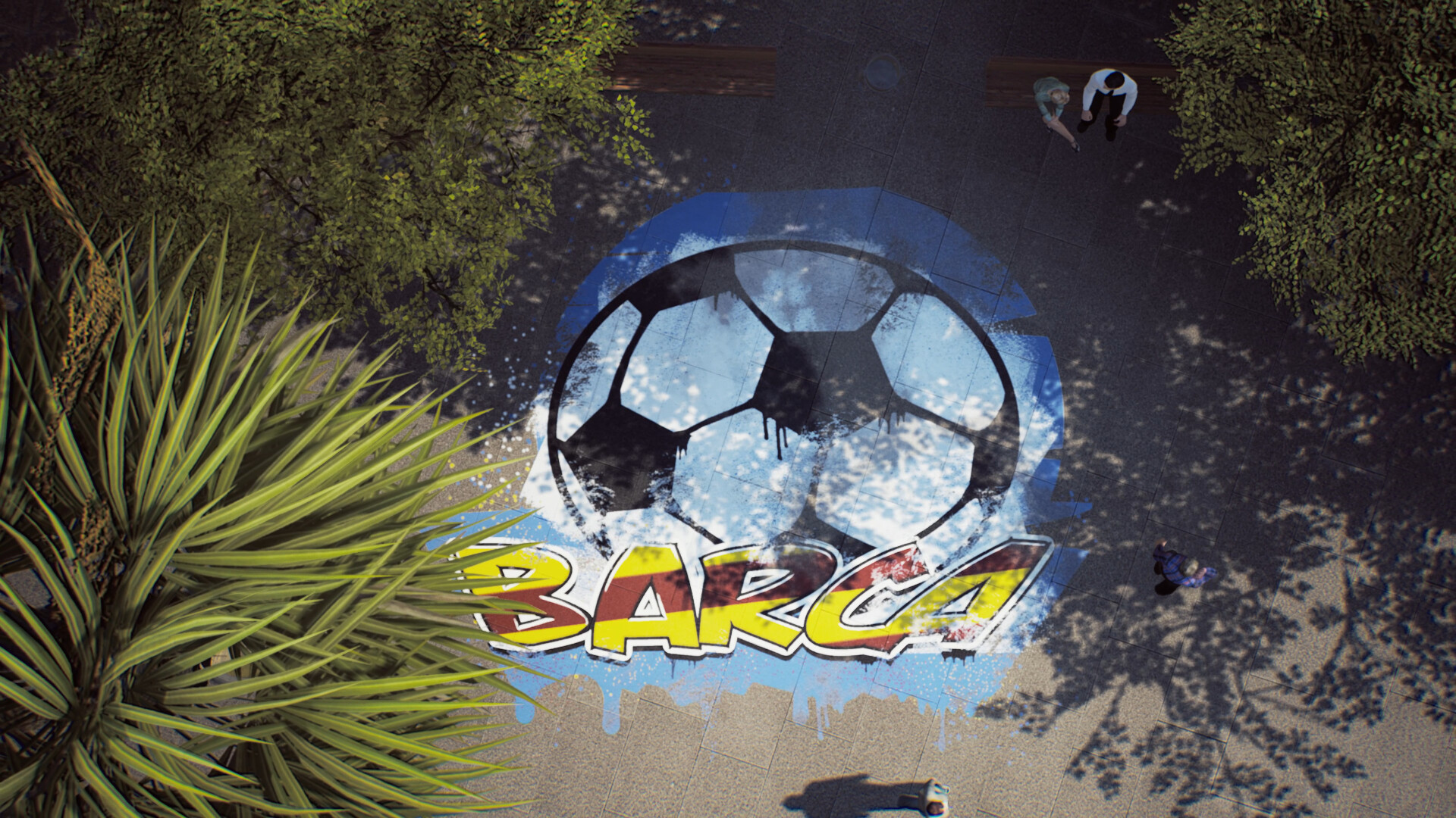 Draufsicht auf Graffiti-Fußball mit 'BARCA' auf dem Bürgersteig. Menschen und Pflanzen sichtbar.