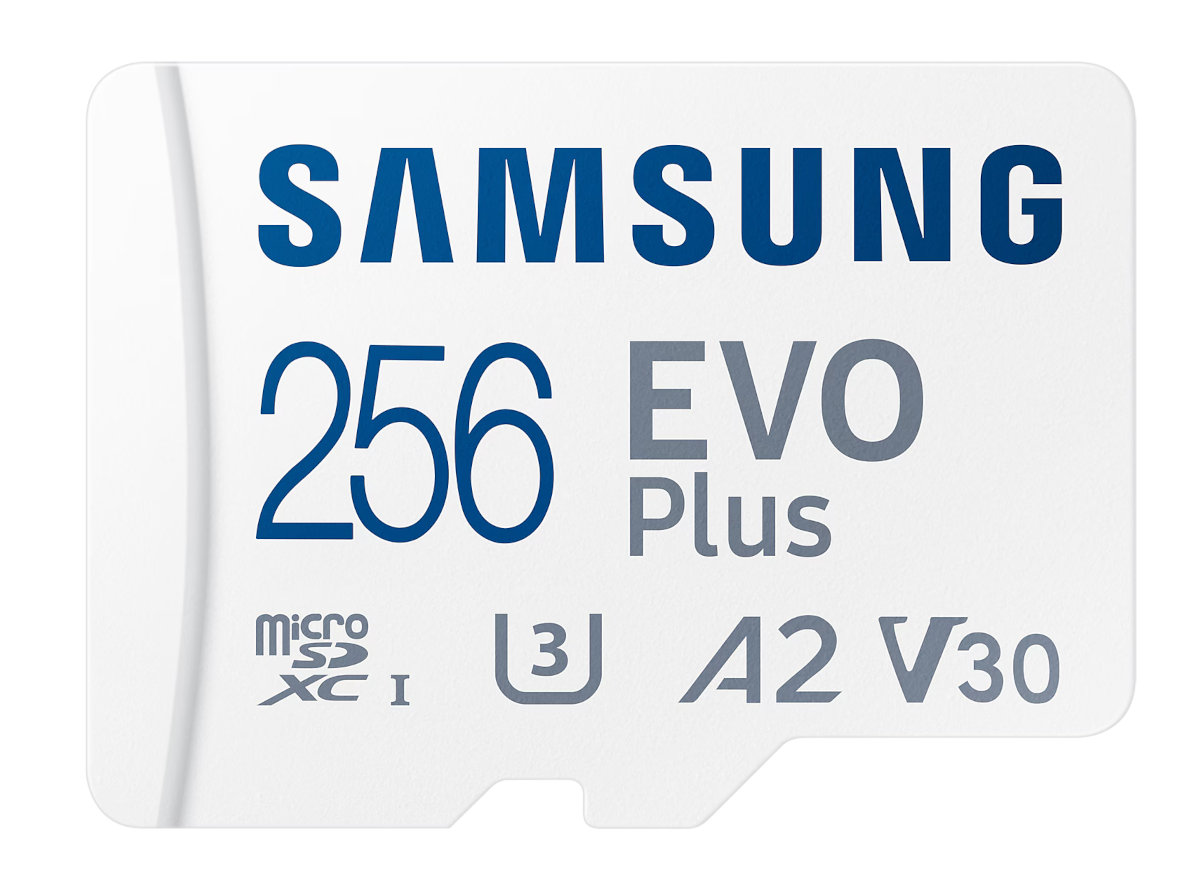 Biała karta microSD z niebieskim tekstem: 'SAMSUNG 256 EVO Plus'. Wyświetlane są różne ikony.