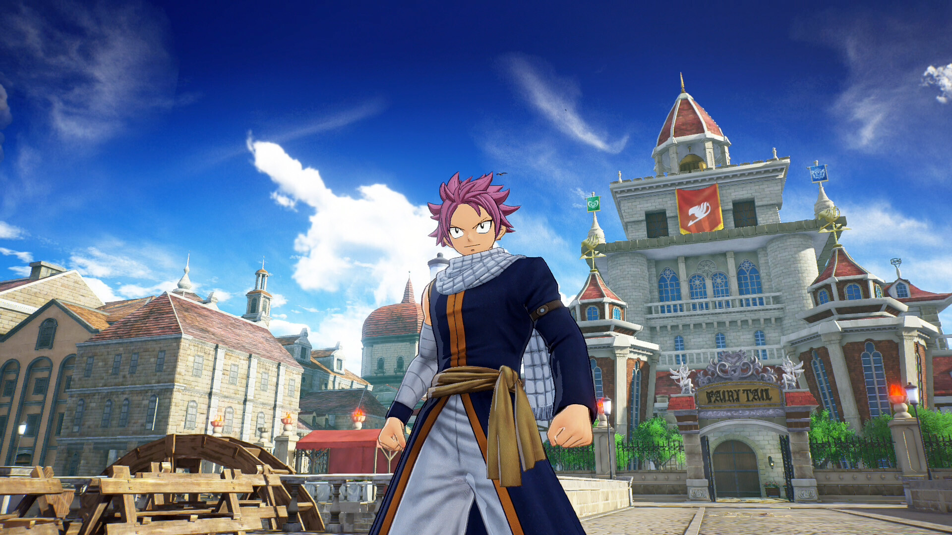 Anime-Charakter Natsu vor einem Gebäude. Er hat rosa Haare, einen Schal und ist in Kampfpose.
