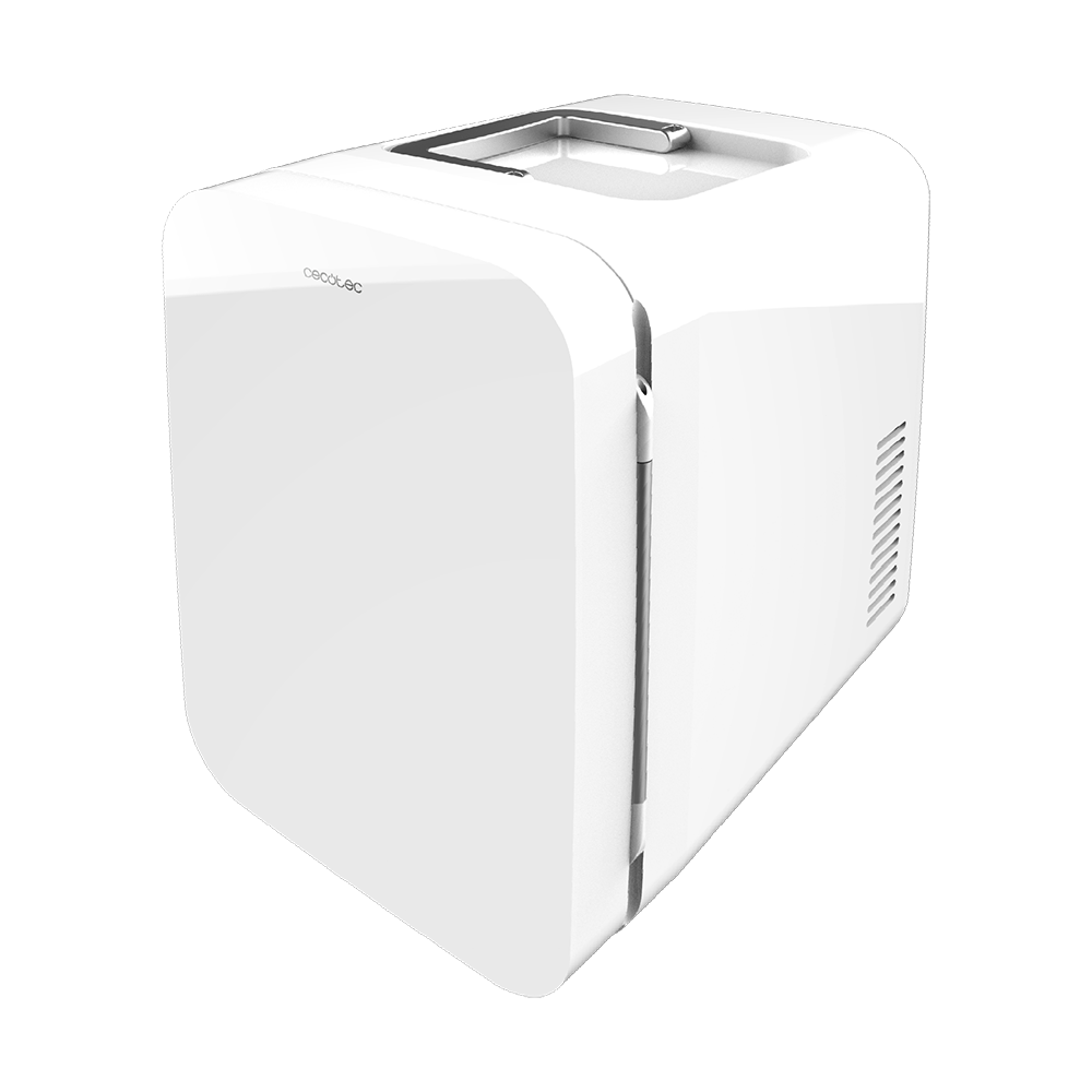 Una mini-nevera blanca y redondeada. Tiene una asa en la parte superior y un fondo negro. Marca Cecotec visible.