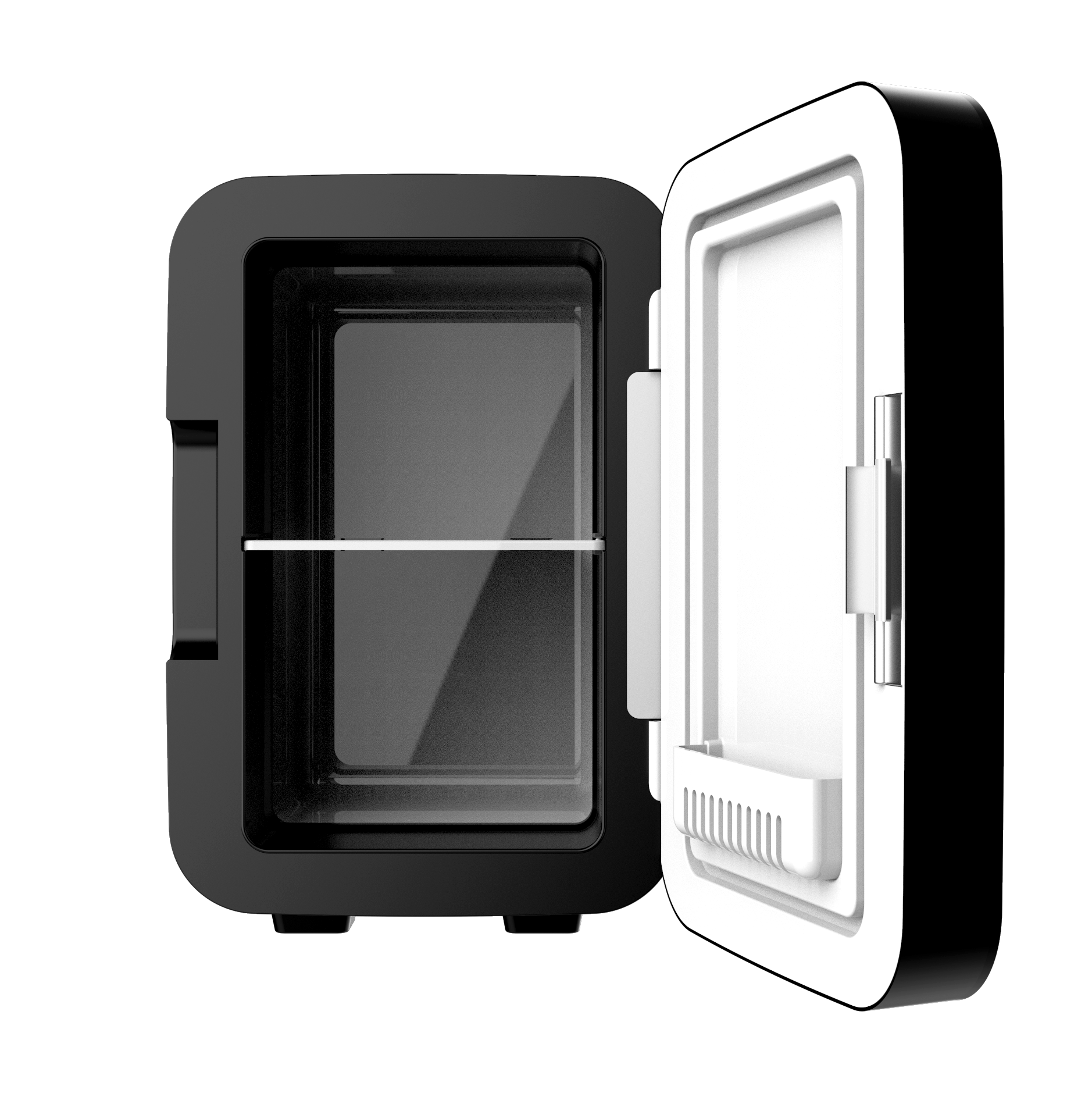 Mini nevera negra con la puerta abierta. El interior es visible, con una estantería.