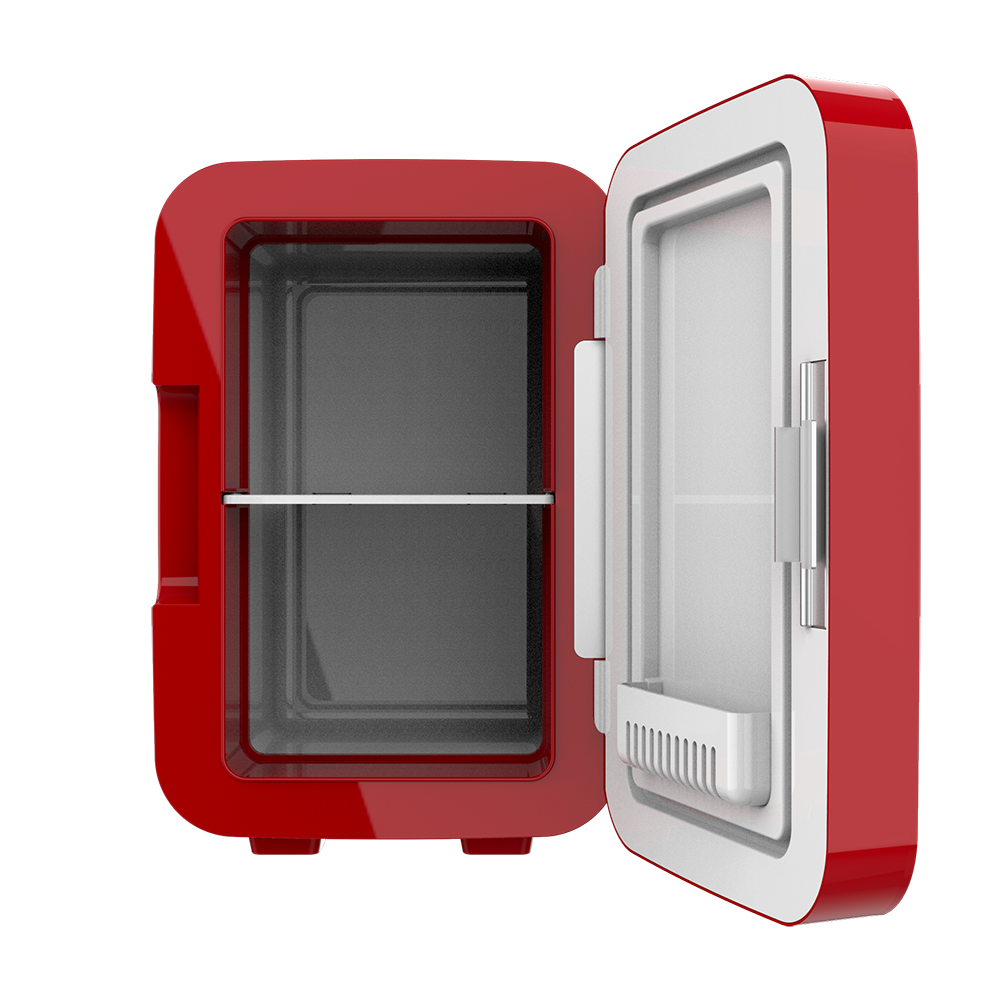 Una mini nevera roja, abierta, mostrando el interior. Puerta blanca y un estante dentro.