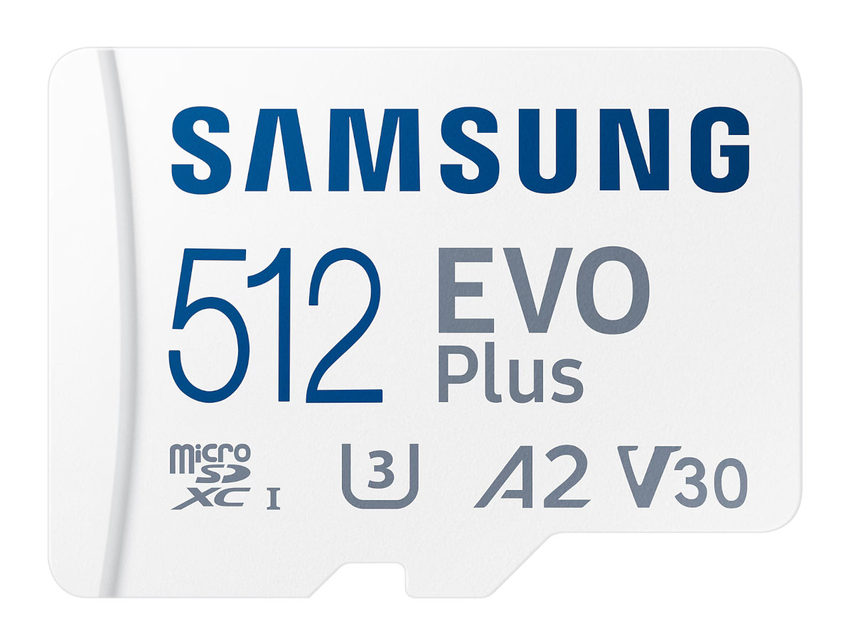Biała karta SD Samsung EVO Plus. Niebieskie logo i tekst Samsung. Pojemność 512, z innymi specyfikacjami.