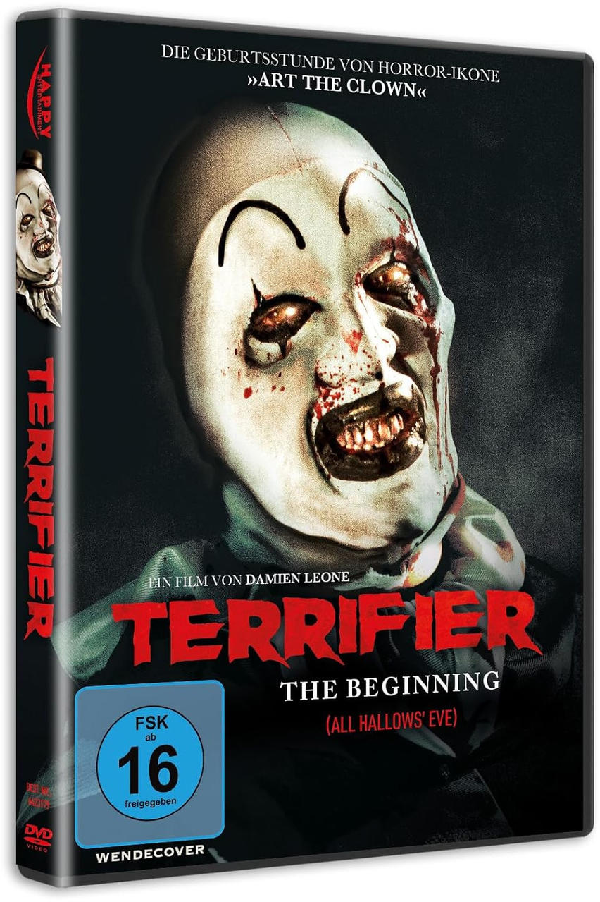 DVD-Cover für den Film Terrifier: The Beginning, mit einem gruseligen Clown.