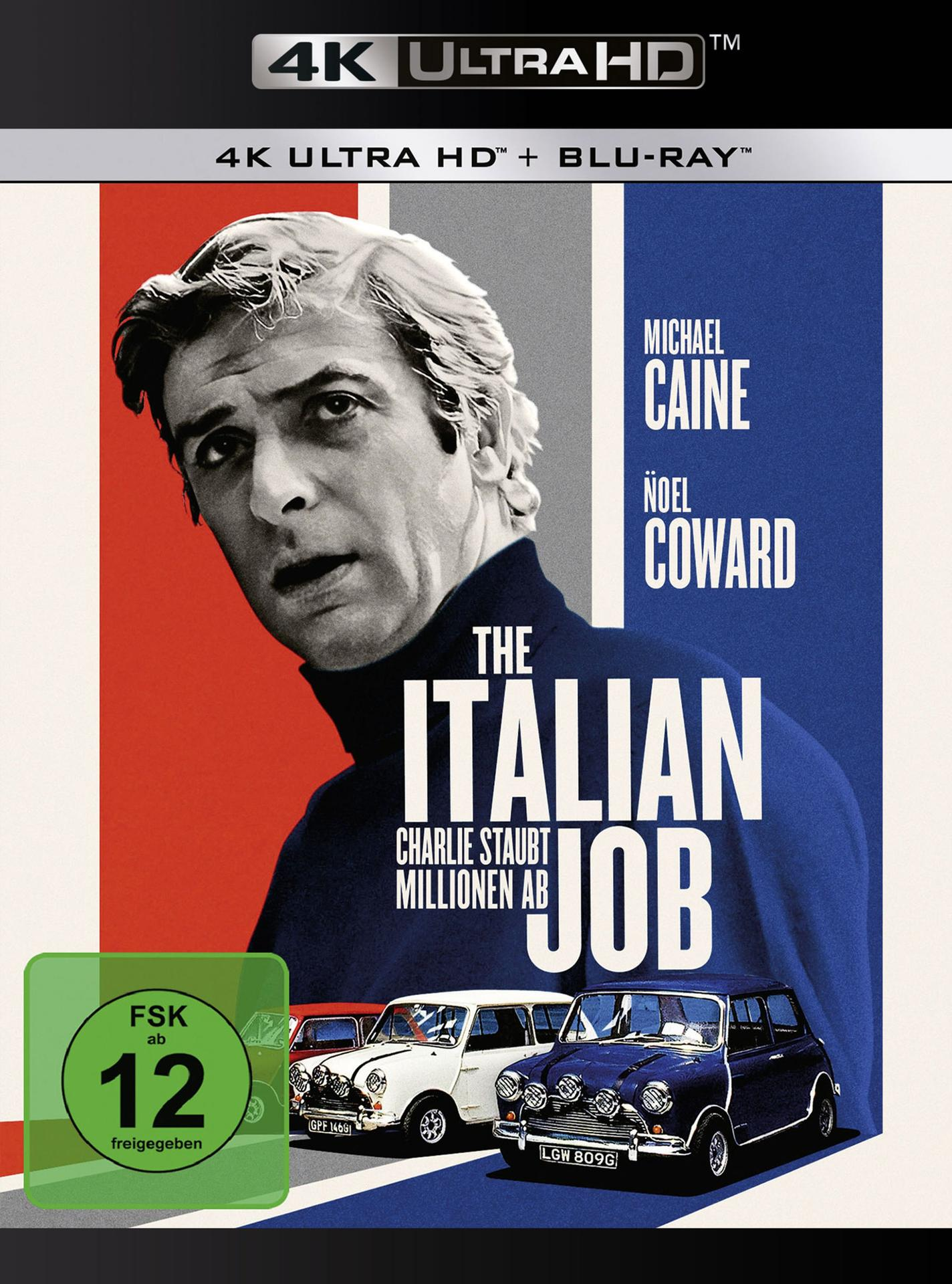 Filmcover für 'The Italian Job'. Schauspieler Michael Caine und Noel Coward. Mini Coopers.