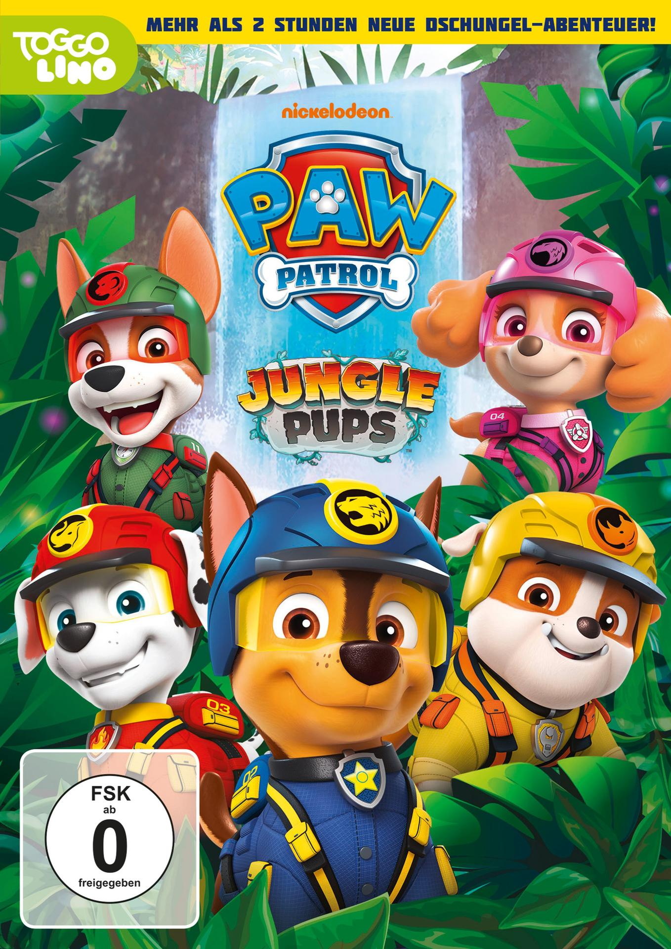 Paw Patrol Jungle Pups DVD-Cover. Sechs Zeichentrickhunde sind abgebildet. Der Hintergrund ist ein Dschungel.