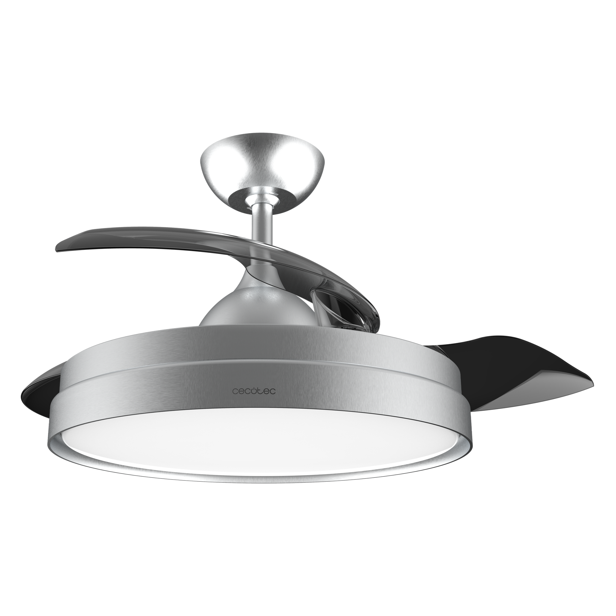 Un ventilador de techo plateado con dos aspas y una luz, contra un fondo negro.