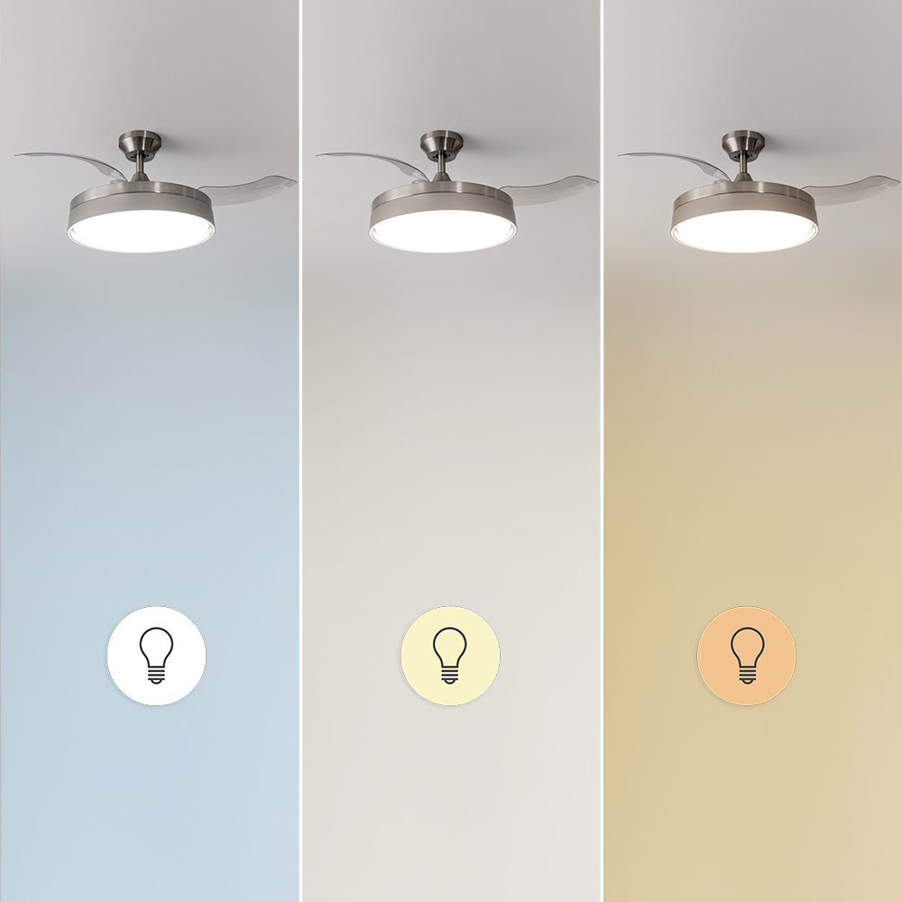 Tres ventiladores de techo con luces, cada uno mostrando diferentes colores de luz: azul, blanco y amarillo.