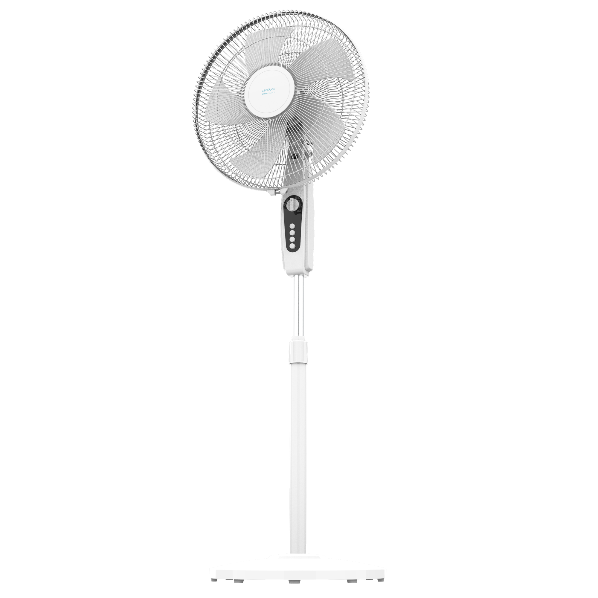 Ventilador de pie blanco con rejilla plateada. Sobre base blanca, fondo negro.
