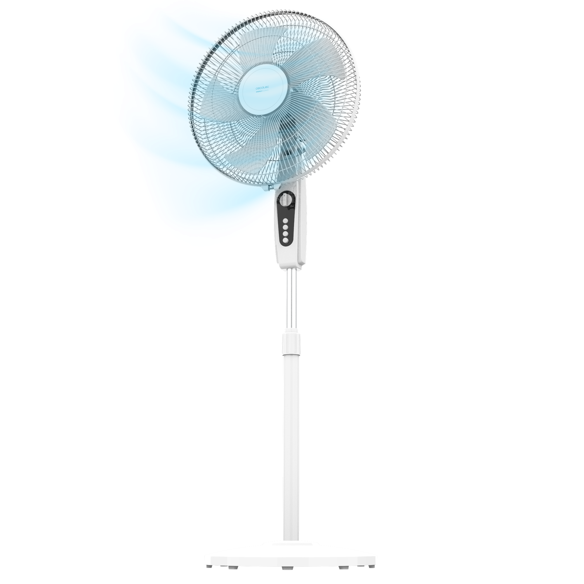 Ventilador de pie blanco con altura ajustable. El ventilador está encendido, con azul en las aspas.