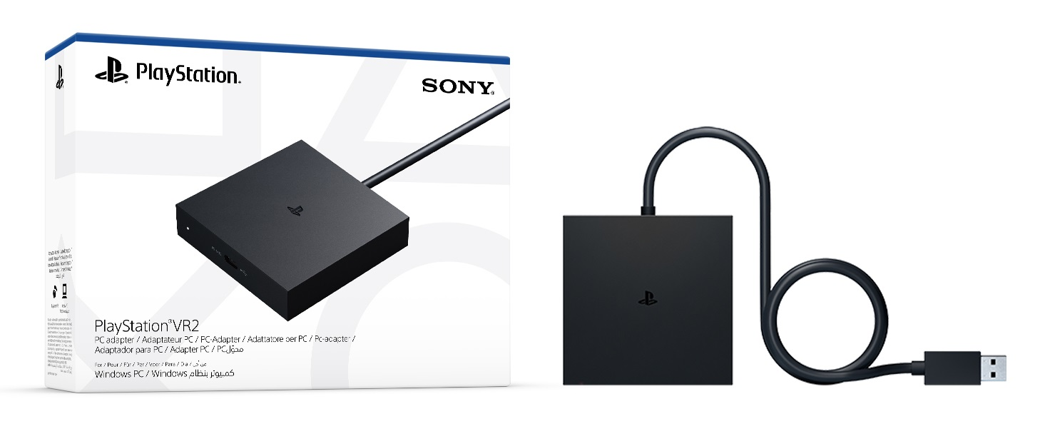 Zestaw adaptera PC PlayStation VR2, z pudełkiem i dwoma czarnymi urządzeniami połączonymi kablem USB.