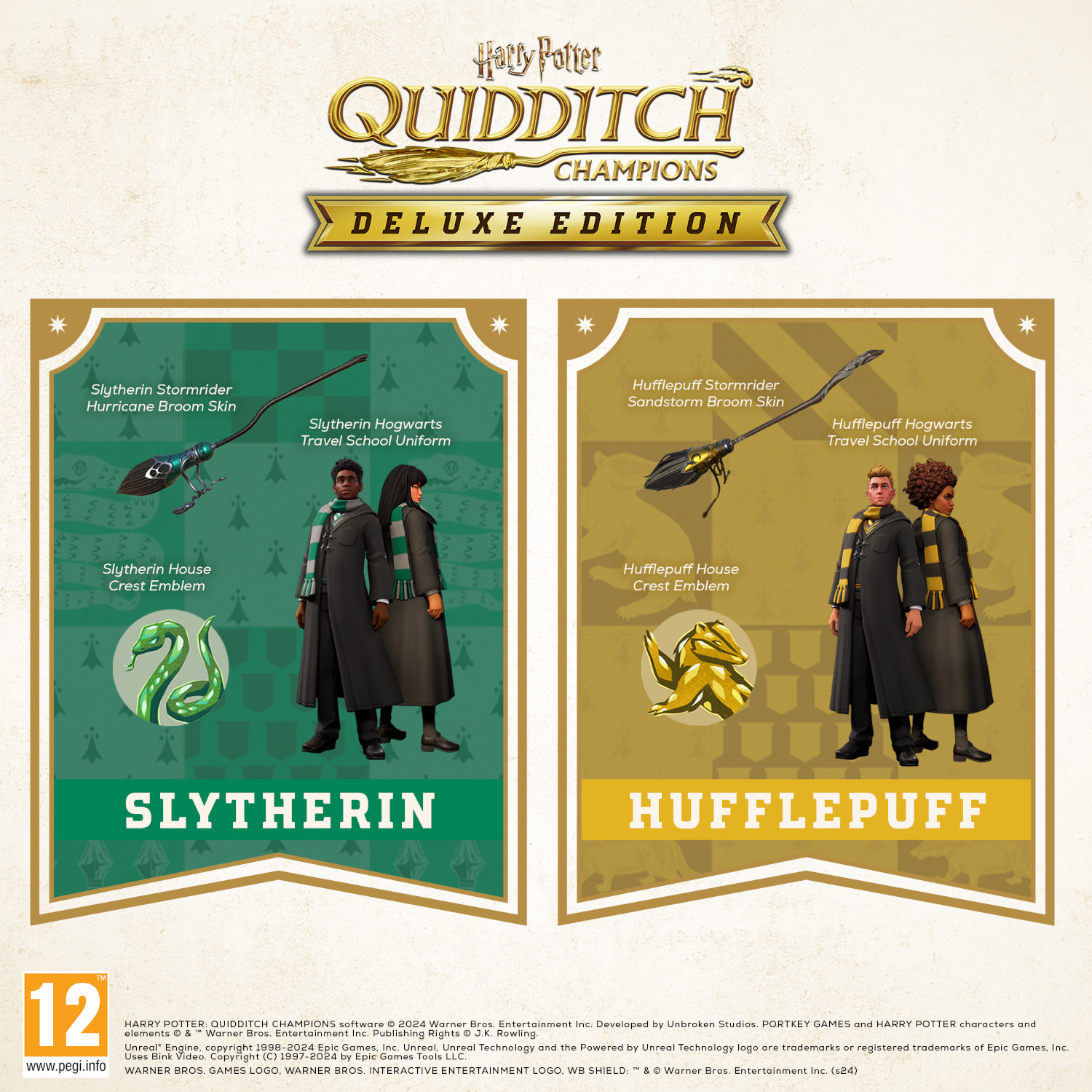 Game-omslag met personages in groen en goud. Bevat tekst en afbeeldingen uit het spel.