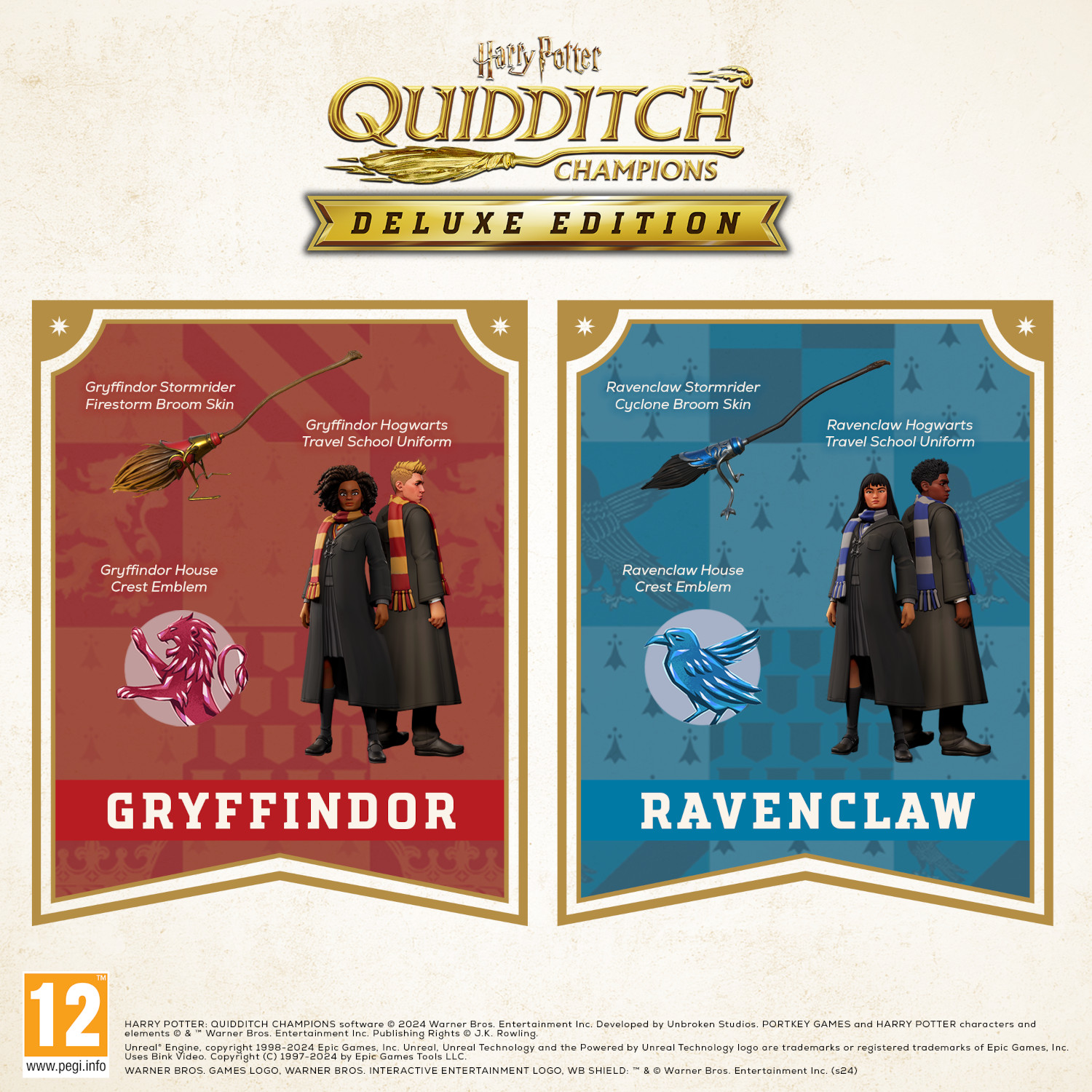 Gamebox art voor Harry Potter Quidditch Champions. Bevat Gryffindor en Ravenclaw karakters.