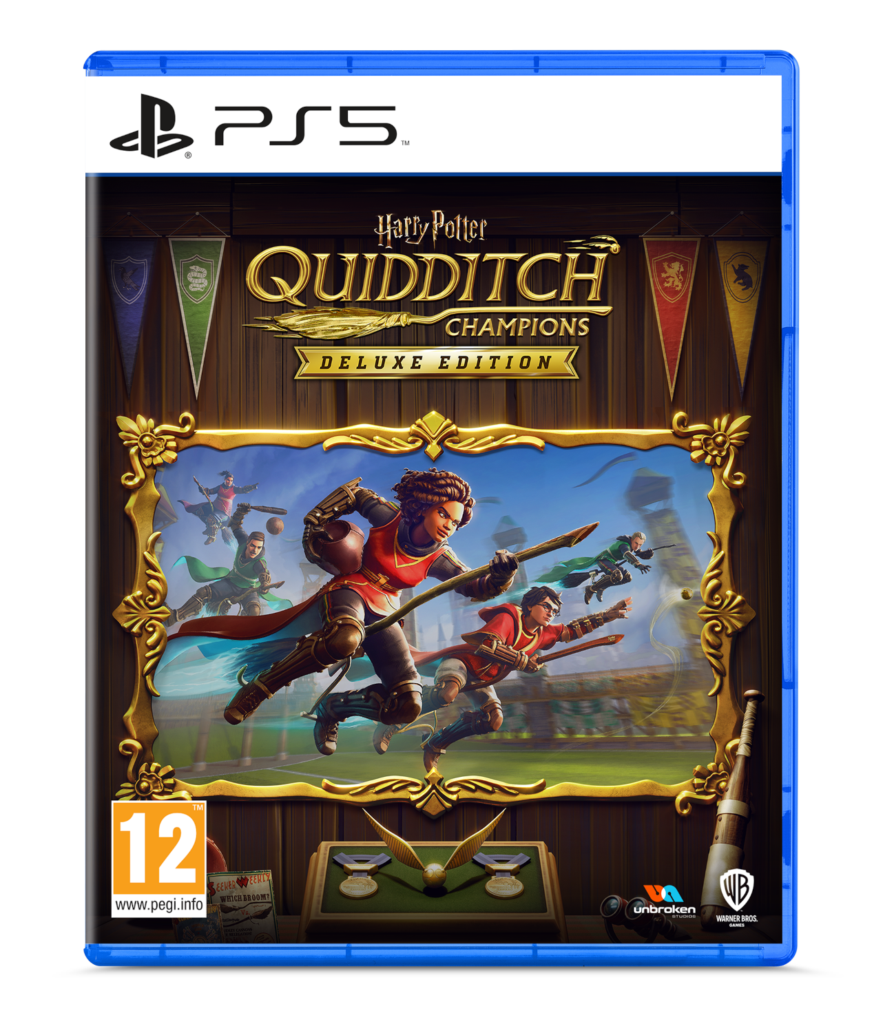 PS5 game cover: Harry Potter Quidditch Champions Deluxe Edition, met vliegende spelers.