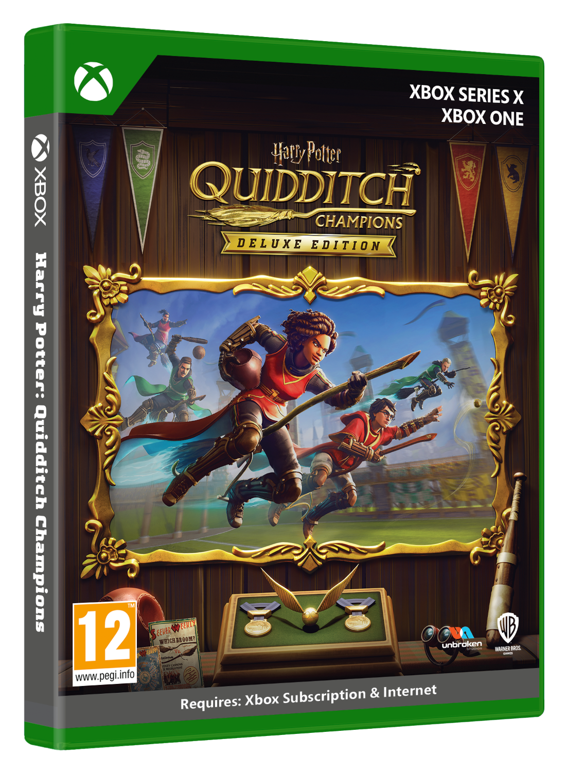 De gamecover toont Quidditch-spelers op bezems. Het is Harry Potter: Quidditch Champions voor Xbox Series X en One.