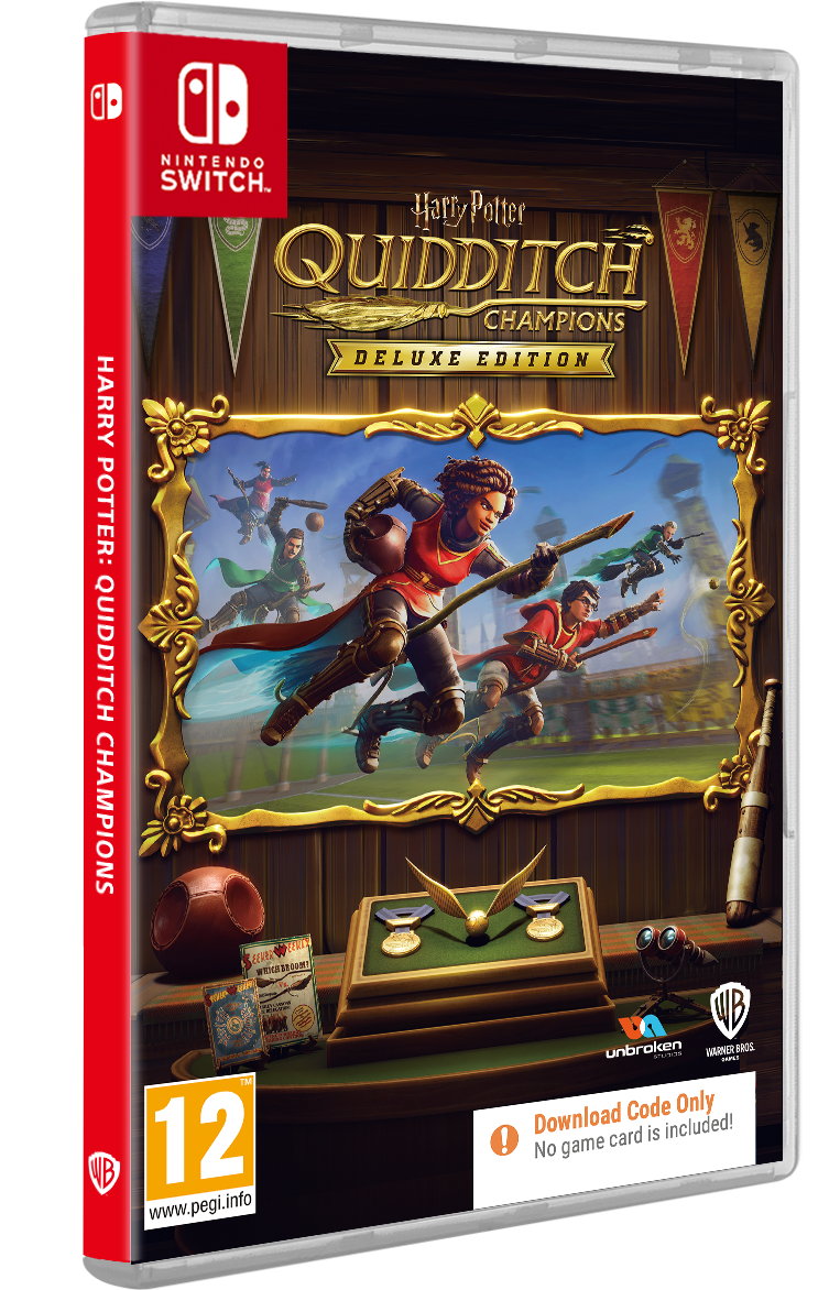 Harry Potter Quidditch Champions gamebox. Deluxe editie, kleurrijke cover, gamekarakters, Switch logo.