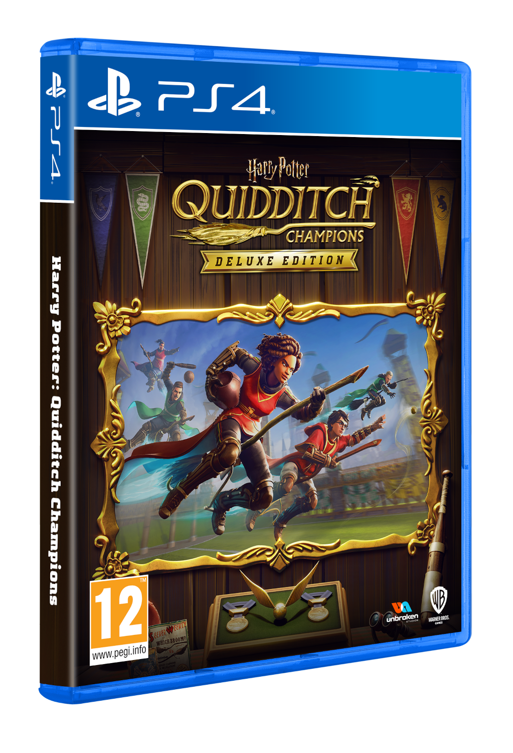 Boîte de jeu PS4 de Harry Potter Quidditch Champions. Personnages volant sur balais sur la couverture.