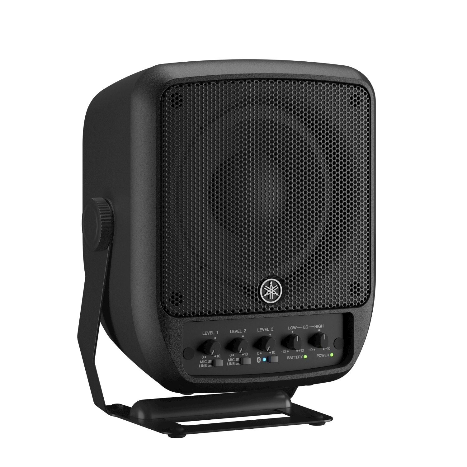 Altoparlante Yamaha nero su supporto, con pannello di controllo e frontale a rete.