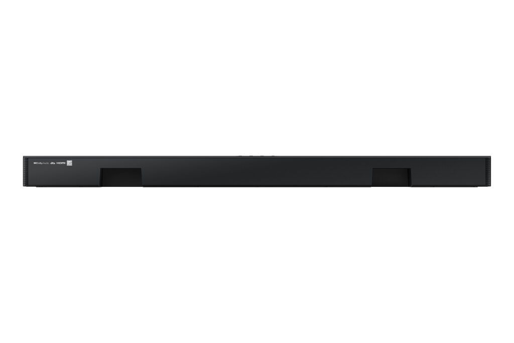Schwarze Soundbar auf weißem Hintergrund. Es ist ein dünnes, rechteckiges Gerät.