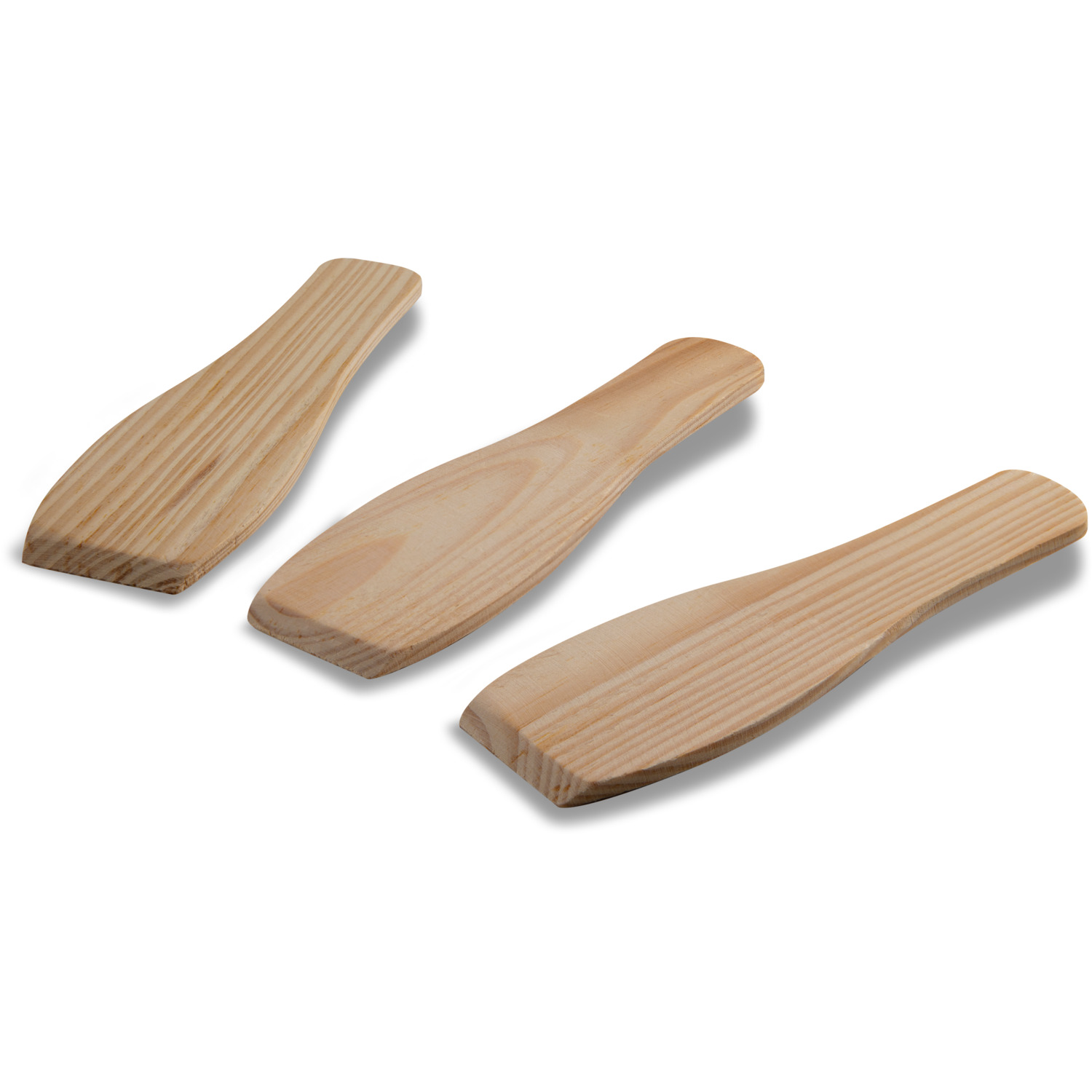 Three wooden spatulas arranged on a white surface. The spatulas are light brown.