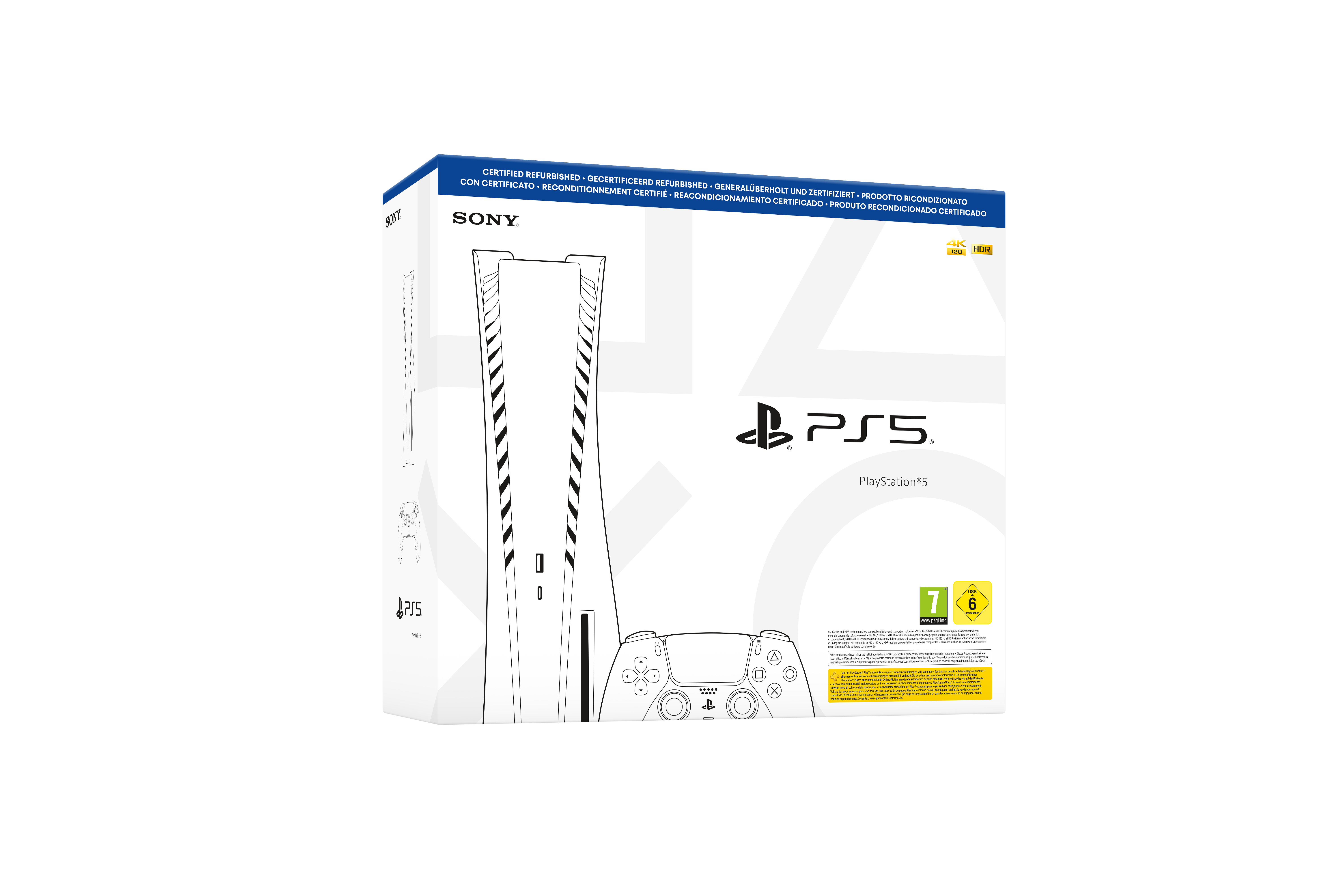 PlayStation 5-Box mit Konsolen-Skizze und Controller.